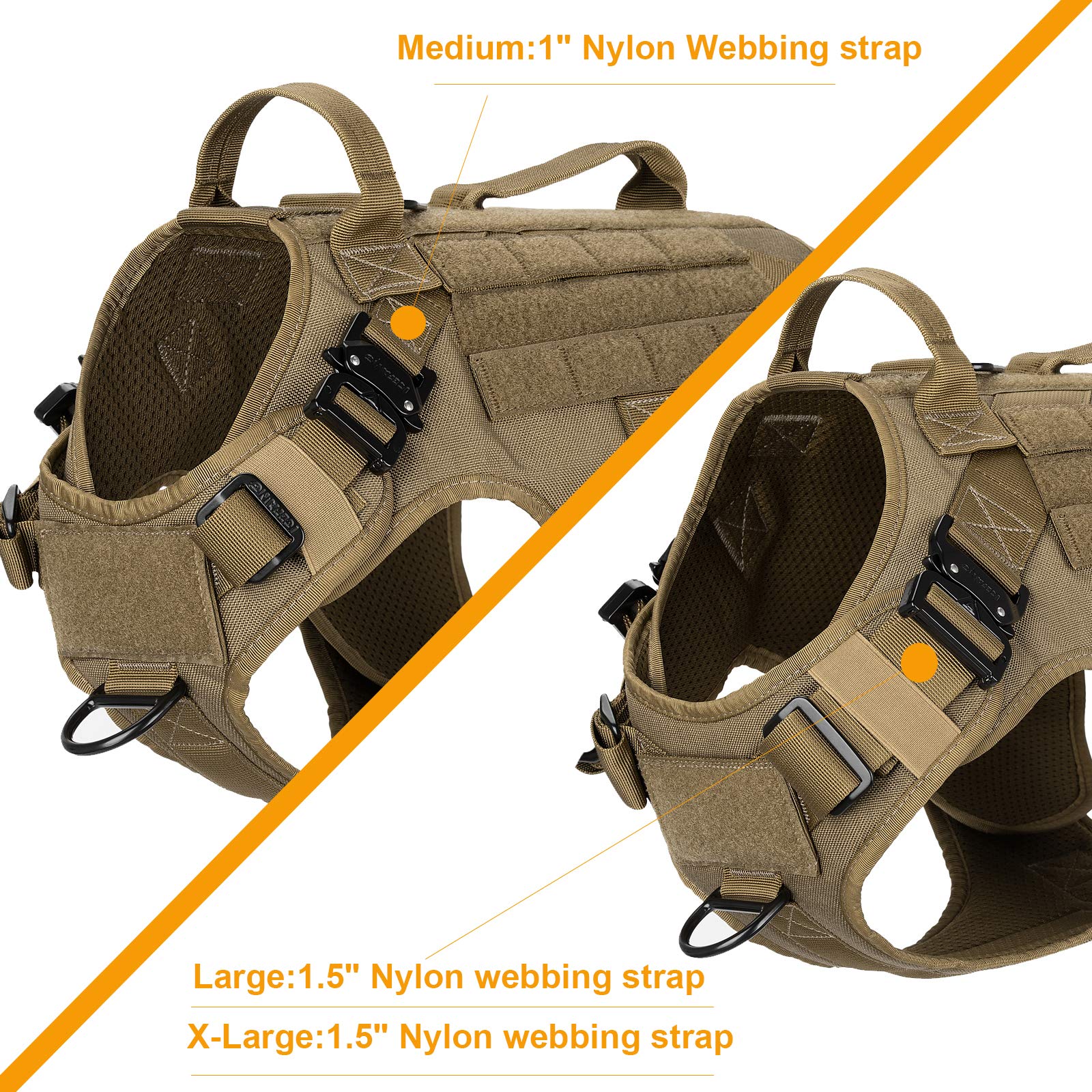 ICEFANG Taktisches Hundegeschirr mit 2 Griffen, MOLLE-Weste, kein Ziehen an der Leine vorne, Haken und Schlaufe für Hunde-Patch (M (Halsumfang: 40,6 cm - 55,9 cm), Brustumfang: 63,5 78,7 Coyote Brown)