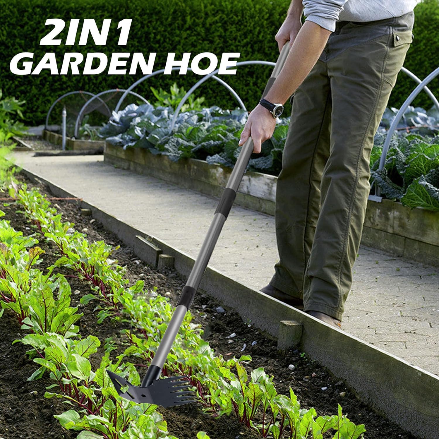Gartenhacke, 152,4 cm, langer Griff zum Jäten, 2-in-1-Hand-Unkrautrechen und Action-Hacke für Gartenarbeit, robustes Unkrautentferner-Werkzeug für Gartenarbeit, Pflanzen