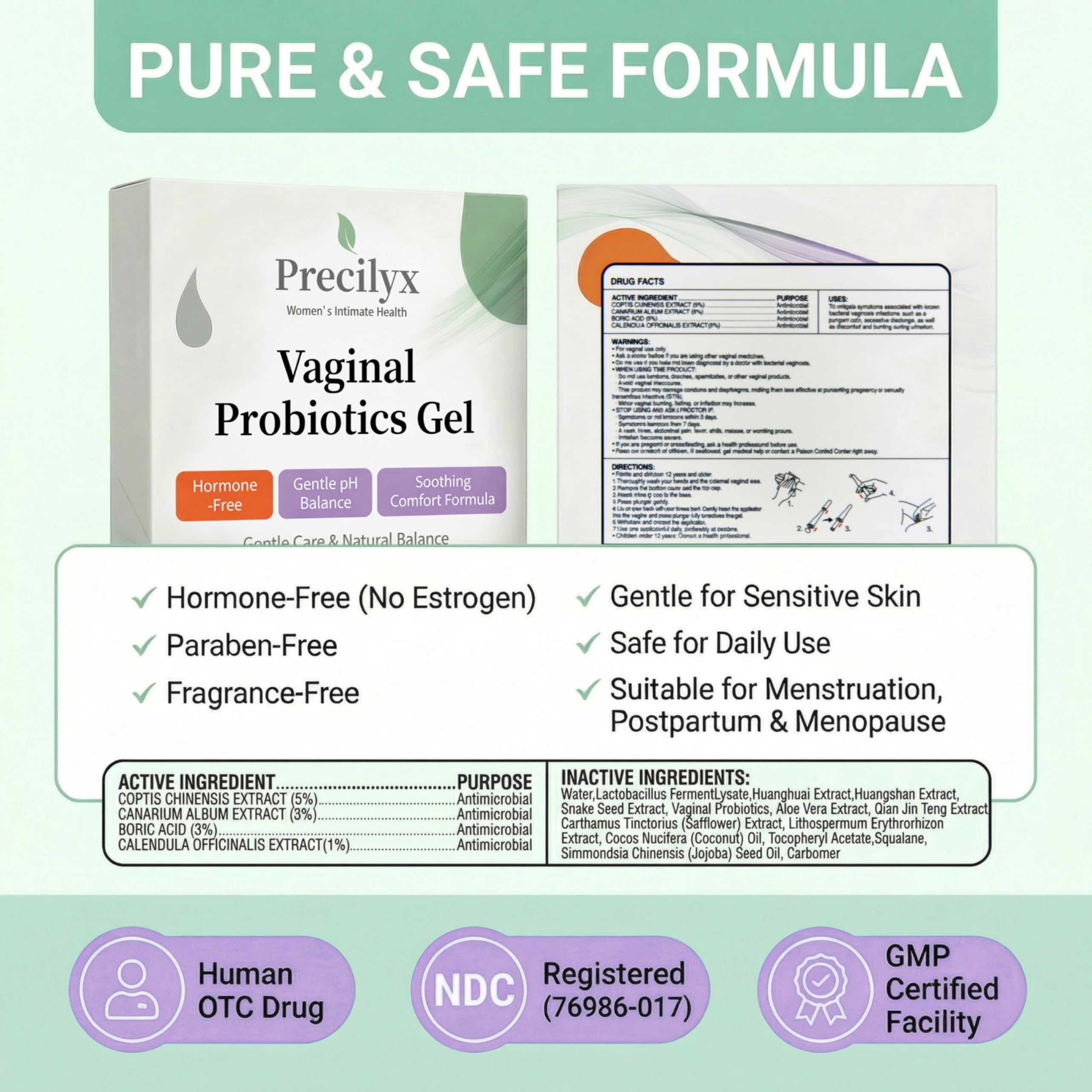 Vaginal Probiotics Intimate Care Gel for Women with Boric Acid Odor Control,Itch Relief & pH Balance Hormone-Free | BV & Yeast Infection Care | Dryness Moisturizer,7 Pre-Filled Applicators