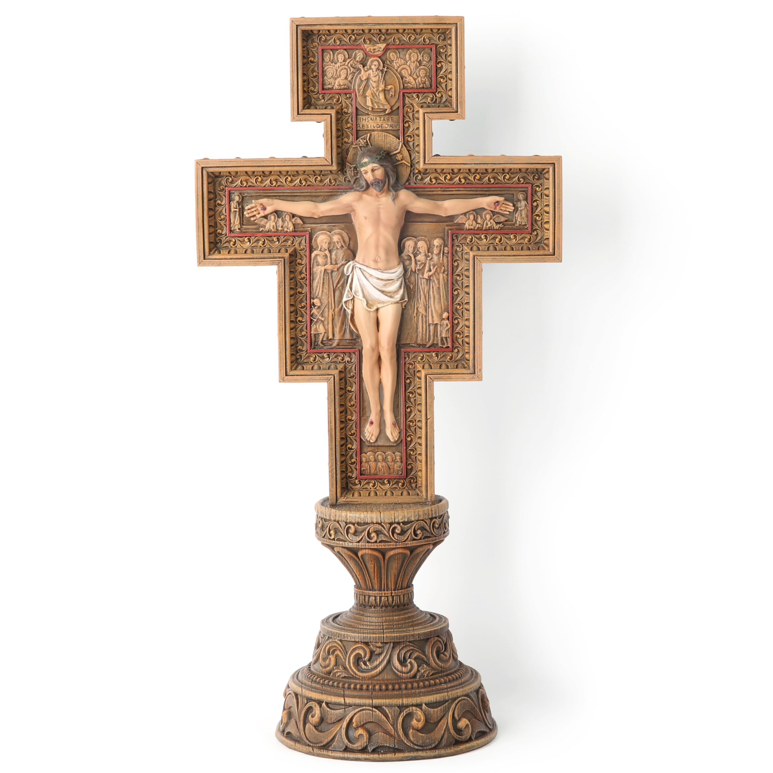 BC Catholic San Damiano Crucifix Standing Cross for Altar, Jesus Christ Home Decor, Religious Gift, Wood Carve Looking, 17.9" H Renaissance Sculpture Hand painted by Buildclassic