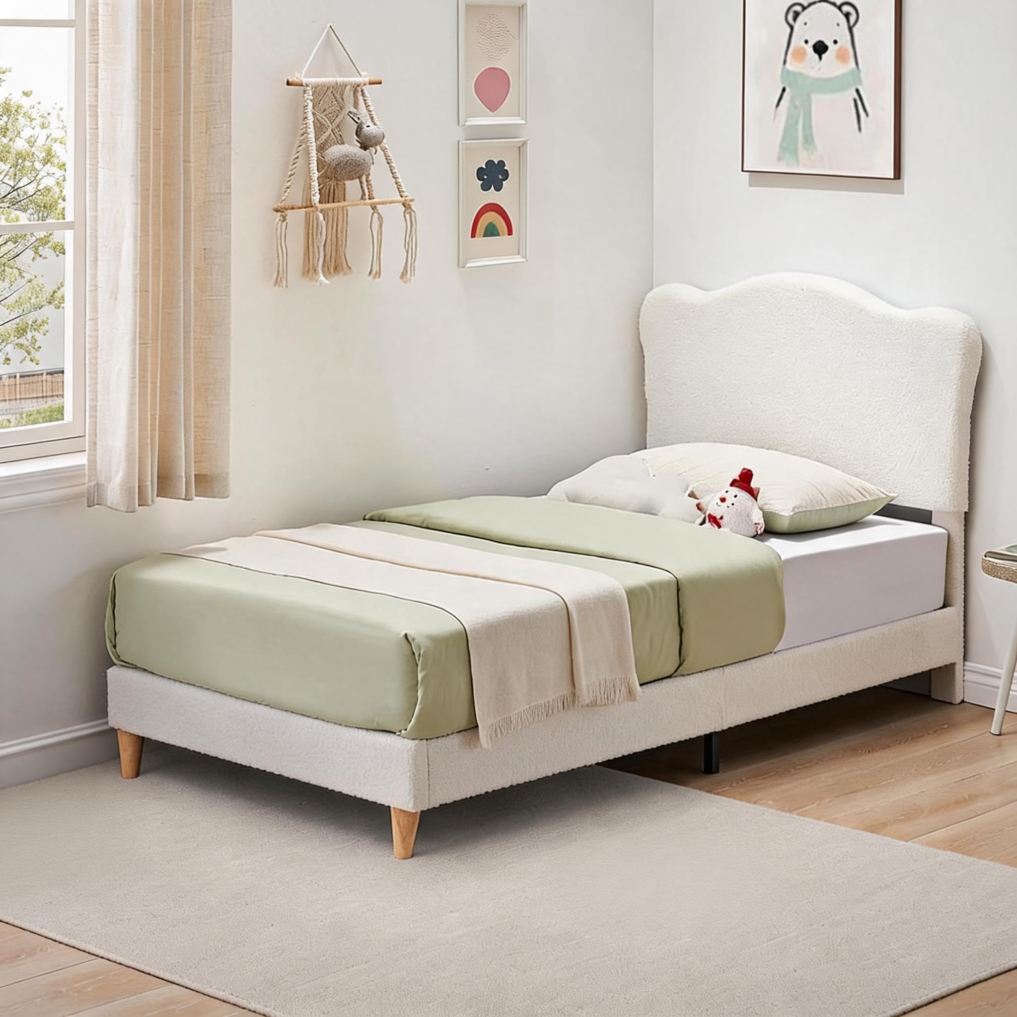 Aptliton Single Bed Frame, Berber Fleece Fabric, Upholstered Twin Size Bed Frame for Kids with Scallop Headboard, 190×90×103cm, 158 kg Capacity, with Metal Structure & Wooden Legs, Beige