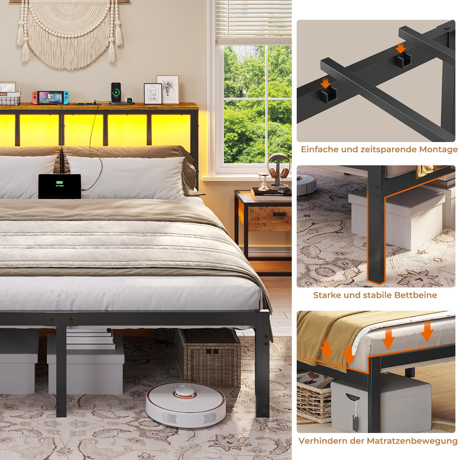 Brinlawb Bett 140x200 mit Lattenrost aus Metall, Bettgestell 140x200cm mit LED Beleuchtung, Ladestation (2 AC-Steckdosen,2 USB-Anschlüsse) Metallbett 140x200 cm mit Kopfteil und Stauraum Doppelbett