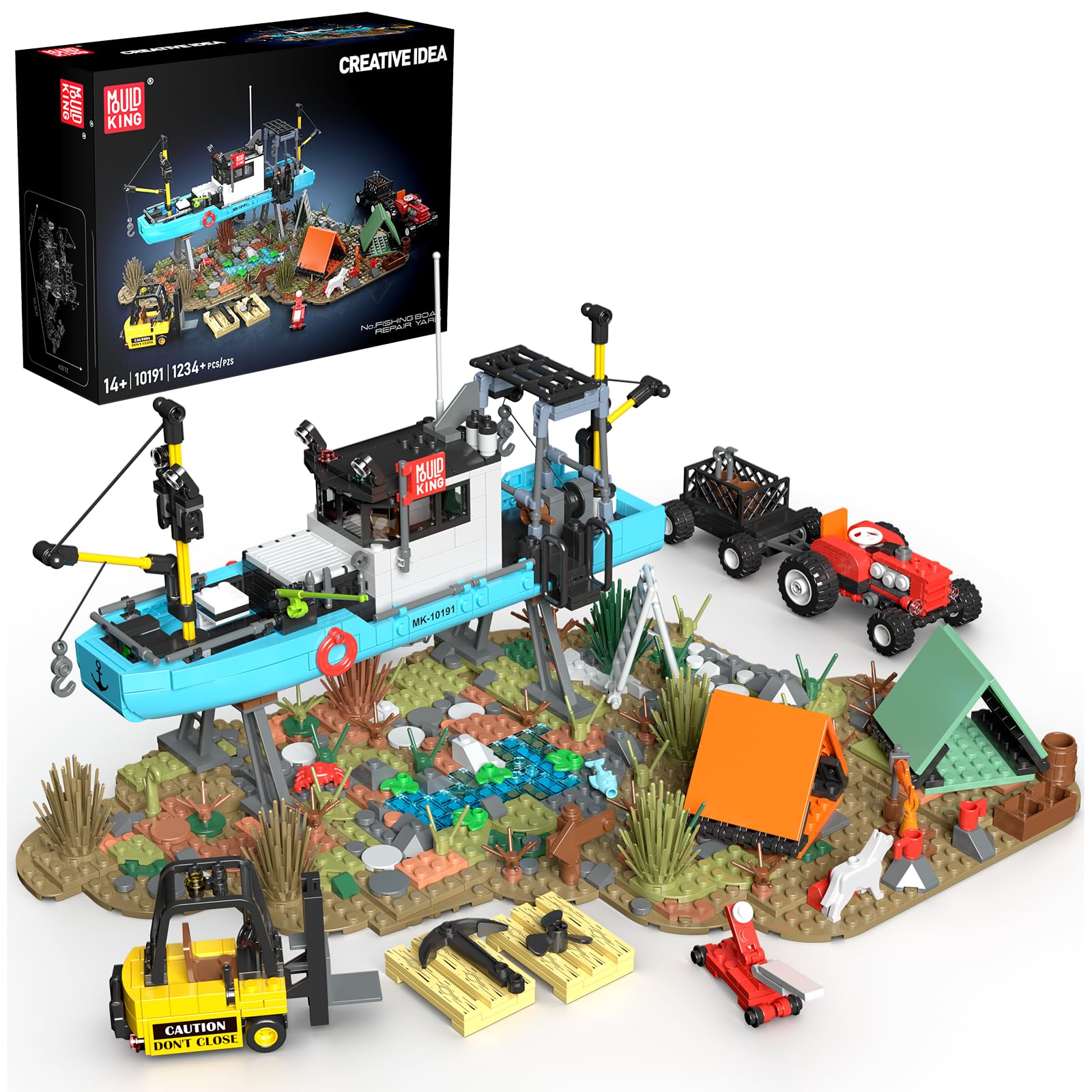 Mould King Repair Yard Building Set, Fishing Boat Blocks Kits, with Boat, Forklift, Tractor, Repair Tools, Tents, and Picnic, 10191 Fisherman's Wharf