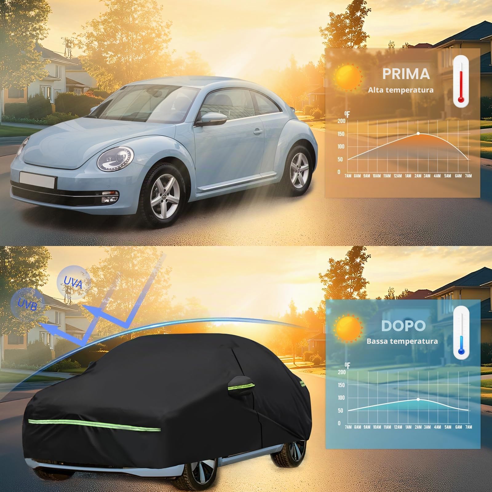 Telo Copriauto da Esterno compatibile con Beetle 1960-2023 | Copertura a 5 Starti per Impermeabile Anti UV Anti Vento Antipolvere con Cerniera e Cinturino Antivento