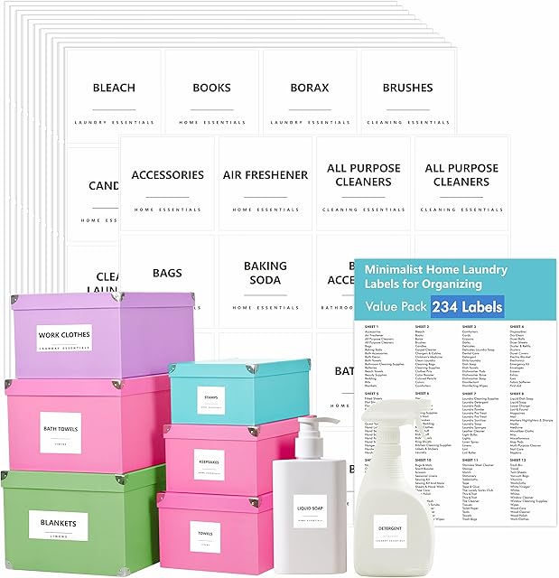 234 Minimalist Home Laundry Labels, Include 216 Bath, Linens & Stationery Preprinted Stickers and 18 Blank Ones, Water/Oil Proof Tear-Resistant No Residue Decals