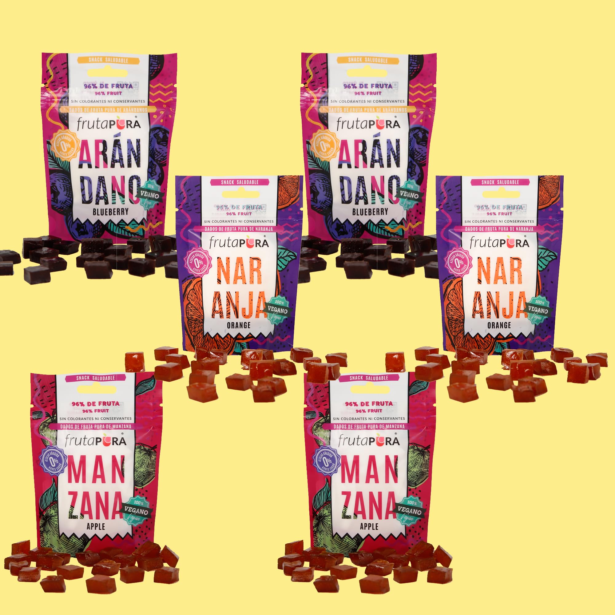 FRUTA PURA Pack Degustación 6x40g - Dados de fruta 96% real con textura tipo gominola - Sin azúcares añadidos - Vegano - Sin gluten - Incluye 2x Manzana, 2x Naranja, 2x Arándano - Snack saludable