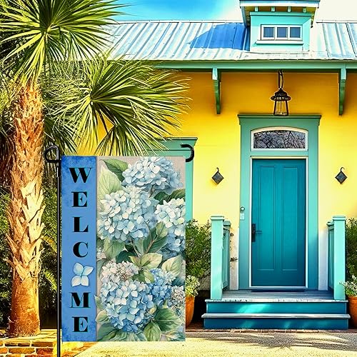 Miniatura 6 de Banderas de jardín de hortensias de bienvenida para primavera y verano, impermeable, bandera de jardín floral azul para exteriores, flores