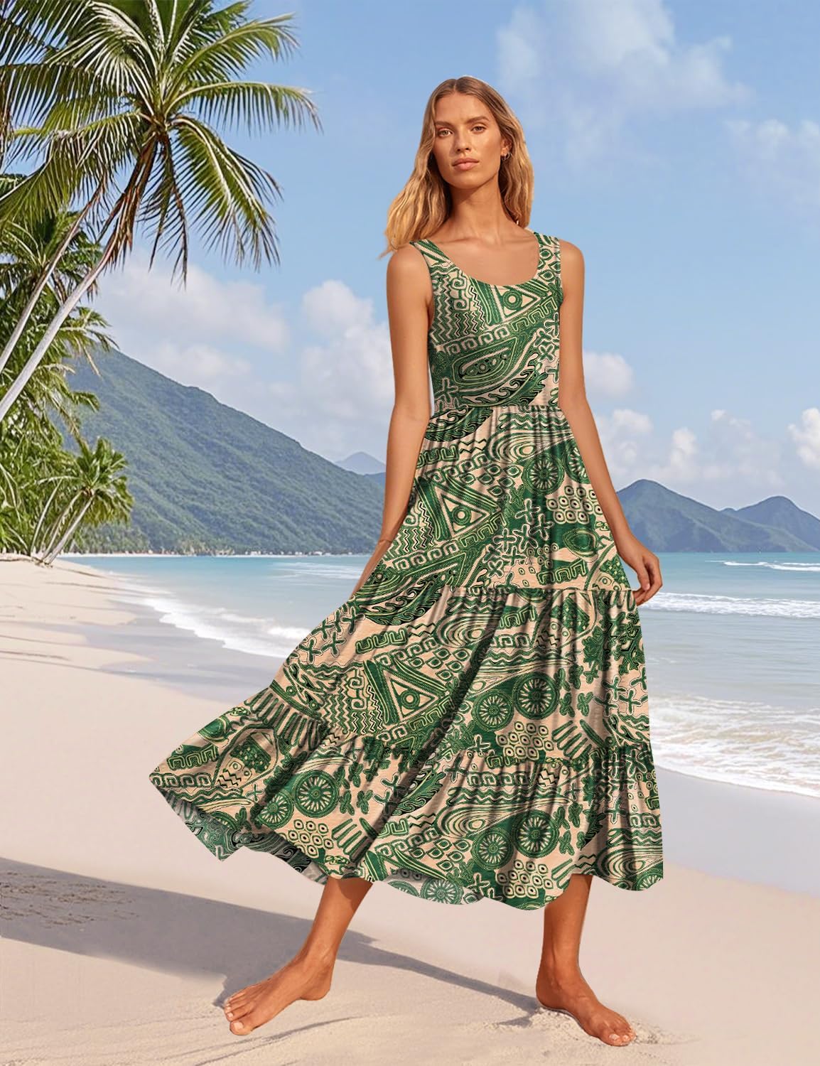 YESNO Women's Summer Casual Dresses Boho Floral Sleeveless Tiered Long Beach Dresses with Pockets EVT - Image 3