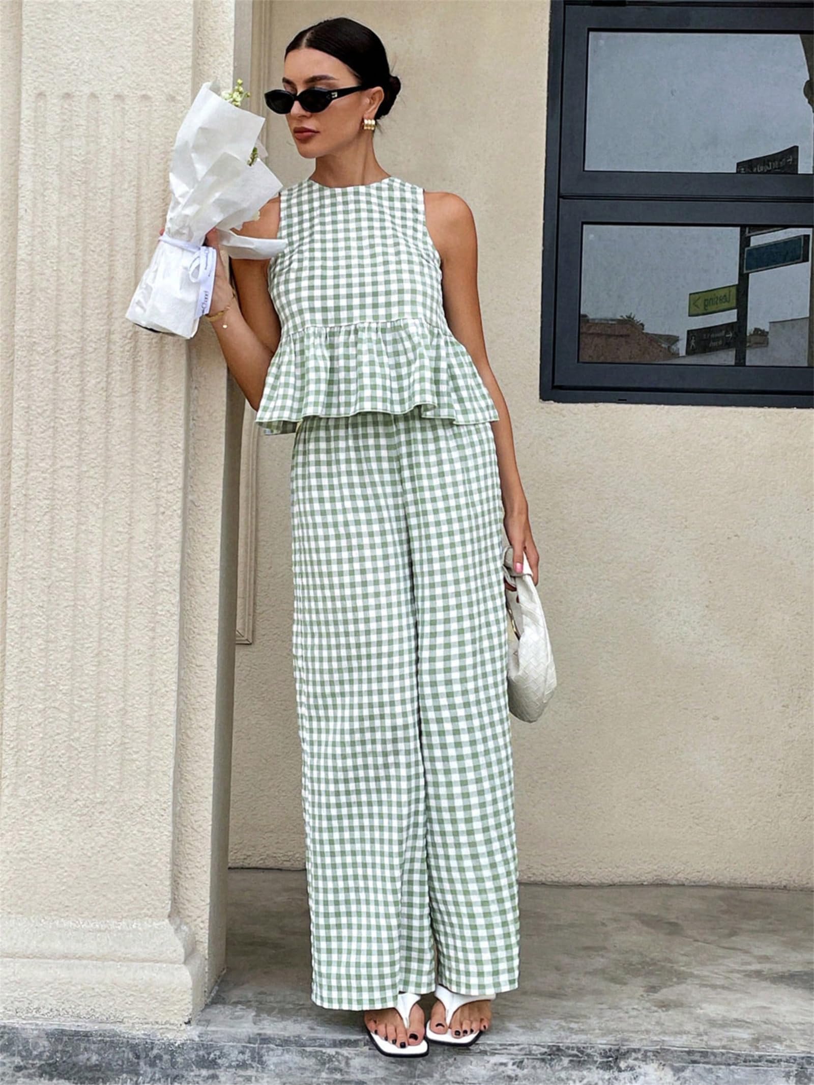 Ensembles à carreaux 2 pièces pour femme, haut et pantalon à volants à dos ouvert, ensemble de salon de vacances pour femme