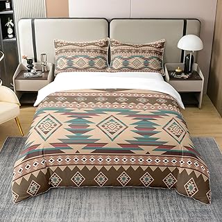 King Size Southwestern Duvet Cover 100% Cotton Geometric Pattern Bedding Set for Kids Tribal Style Comforter Cover Set Native American Design Brown Bedspread Cover Room Decor Bedclothes Zipper