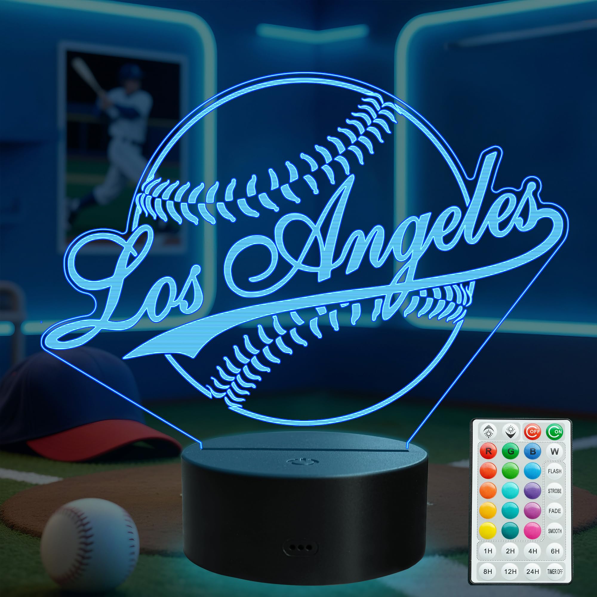 Baseball Los Angeles Night Light, LA Baseball Sport Gifts for Boy, 3D Illusion Lamp with Remote Control, 16 Colors Changing, RGB Flashing Mode and Dimmable, Gifts for Boys Christmas Decor