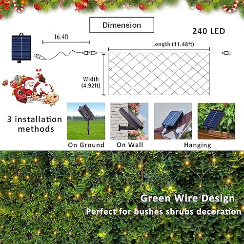 Miniatura 6 de Luces de Red Solares para Exteriores, 240 LED USB Luces de Malla Blanco Cálido para Arbustos Impermeables, 11.5 pies x 5 pies 8 Modos Luz de Cadena
