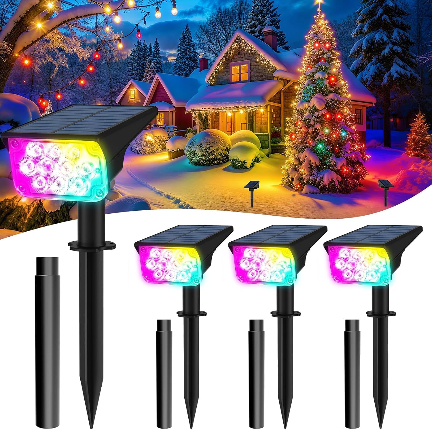 T-SUNUS Luci Solari Da Esterno Giardino, 4 Faretti LED Con Pannello, IP65 Impermeabile, 2 Modalità, 270° Regolabili, Per Vialetto E Piscina - 2