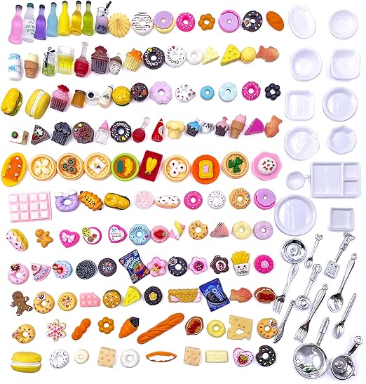 HKLMRO 150Pcs Miniature Food Drink Bottles Adults Dollhouse Soda Pop Cans Pretend Play Kitchen Cooking Game Party Accessories Toys Hamburger Cake Ice Cream Pizza Bread Tableware Doll House Landscape