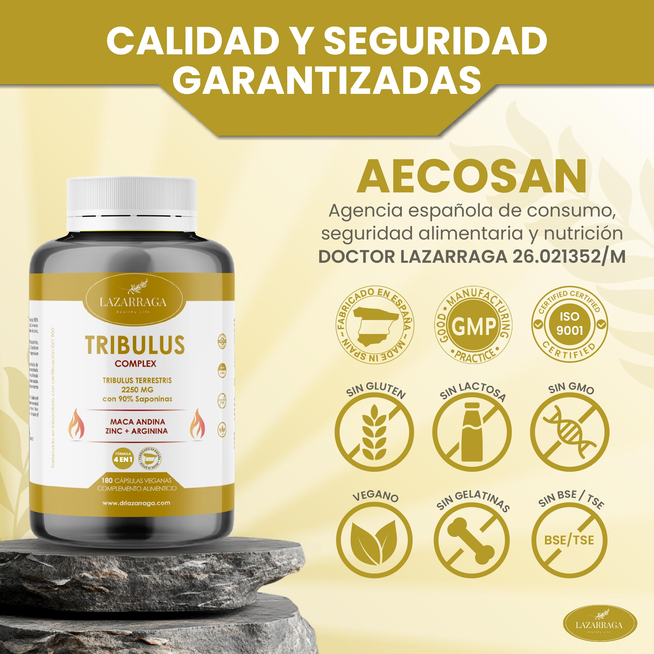 TRIBULUS TERRESTRIS POTENTE 4 EN 1 con Maca Andina + Arginina + Zinc | Vitaminas para el Cansancio para Hombres | Fuerza y Energía | 90% Saponinas | 180 Cápsulas Veganas | 2 Meses | Lazarraga