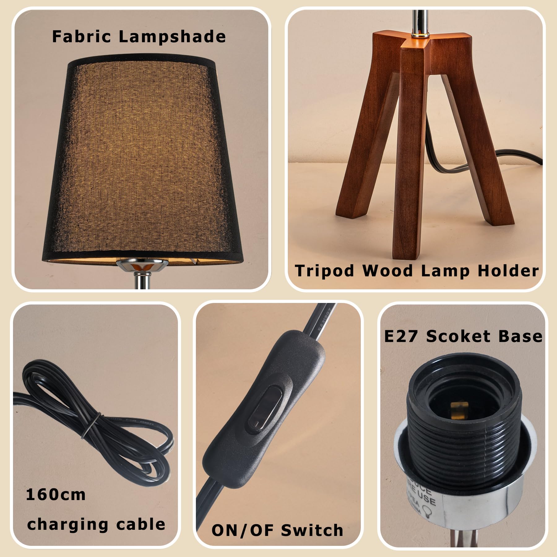 Dreamholder Wood Bedside Table Lamp, Tripod Desk Lamp with On-Off Switch - Image 2