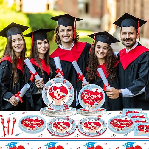 Miniatura 6 de Decoraciones de fiesta de graduación de enfermera, médico, suministros de fiesta de graduación de enfermería, juego de vajilla para 24 invitados,