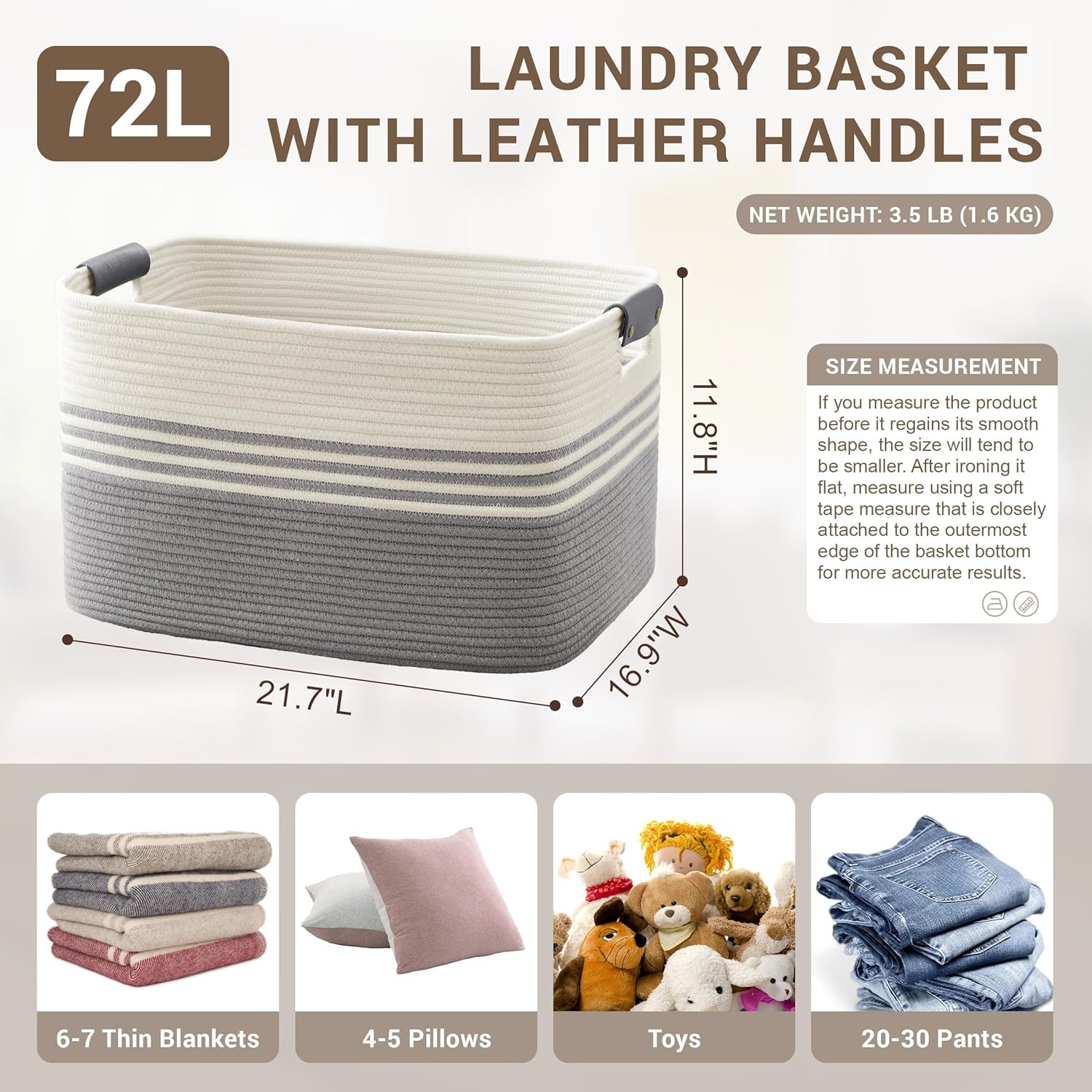 72L Large Laundry Basket with Leather Handles for Living Room Storage, Woven Rope Baskets Bin for Blanket, Kids Toy, Gifts, Wicker Hamper for Bedroom Dirty Clothes, 22x17x12 White Grey