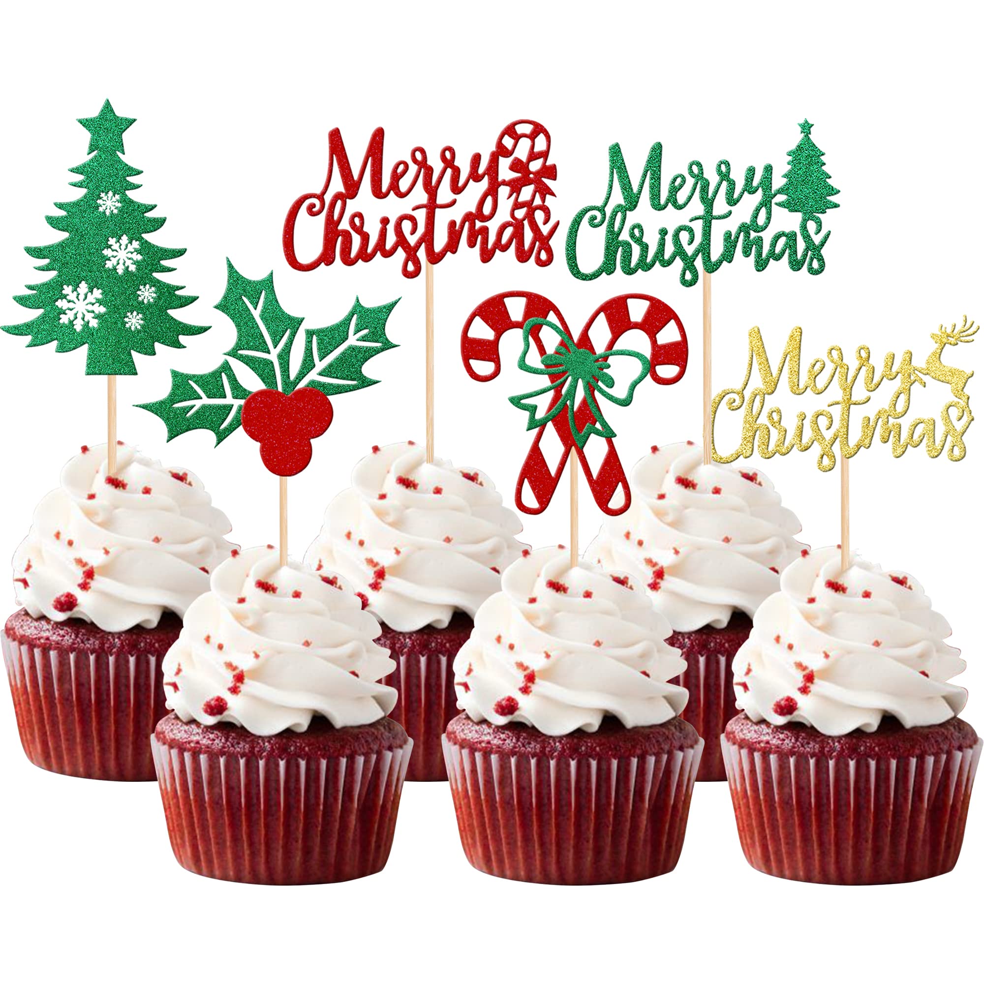 SYKYCTCY 36 Pack Merry Christmas Cupcake Toppers with Holly Leaves, Berries, Santa Hat, Xmas Tree, Merry Christmas & Xmas Theme Party Cake Decorations