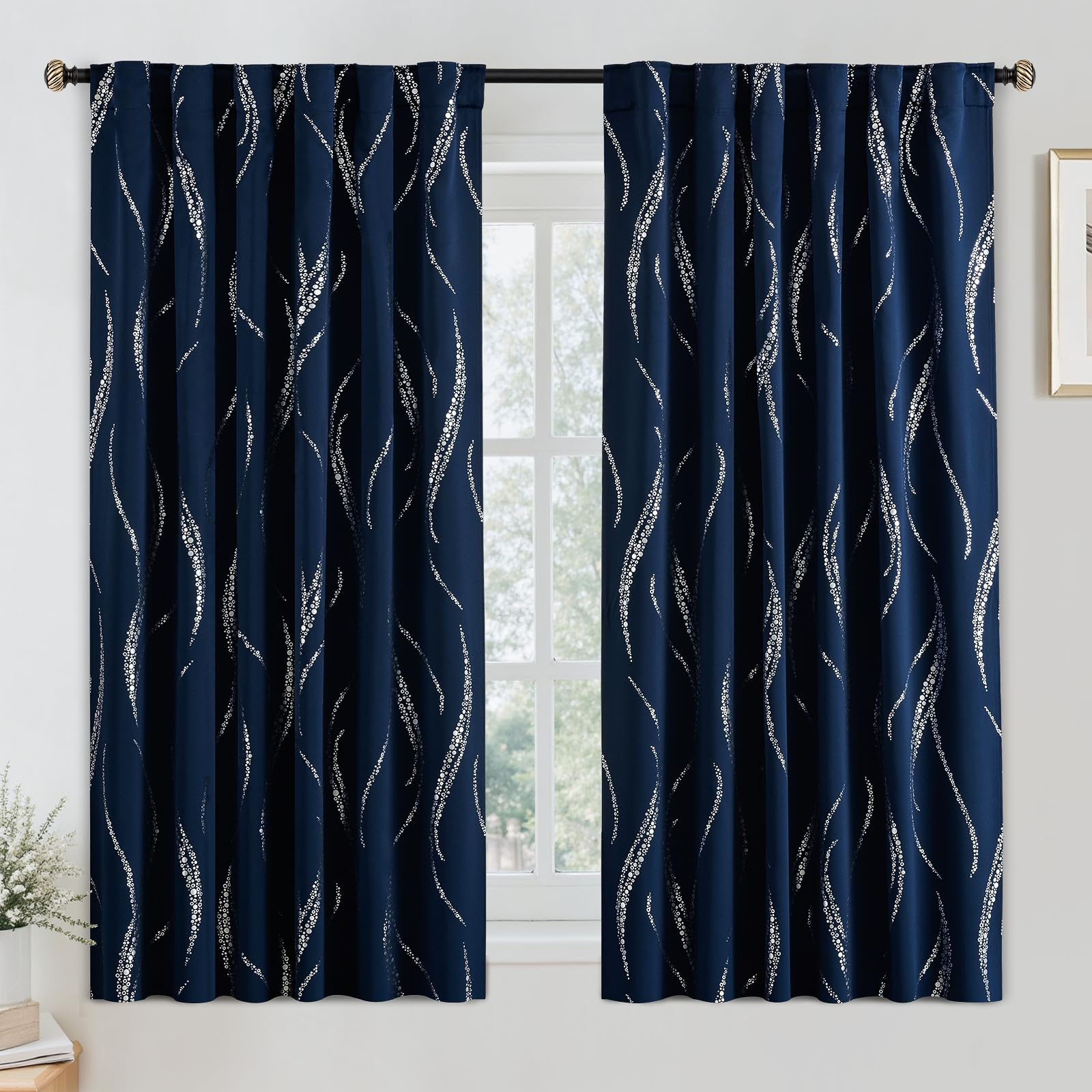 Yakamok Blackout Curtains for Livingroom, Curtains 63 Inch Long - Navy Blue and Silver Waver Curtains with Pattern, Back Tab Room Darkening Drapes for Bedroom (52W x 63L Inch, Navy Blue, 2 Panels) — image 1