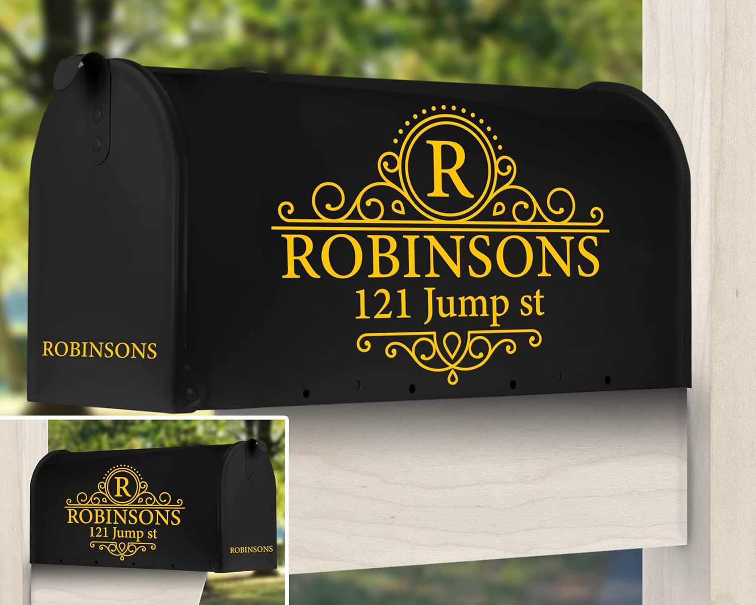 Personalized Farmhouse Mailbox Decals, Set of 4 Name Decal for Mailbox, Yellow, Vinyl, Waterproof, Rustic, Rectangular, Single Use, Outdoor