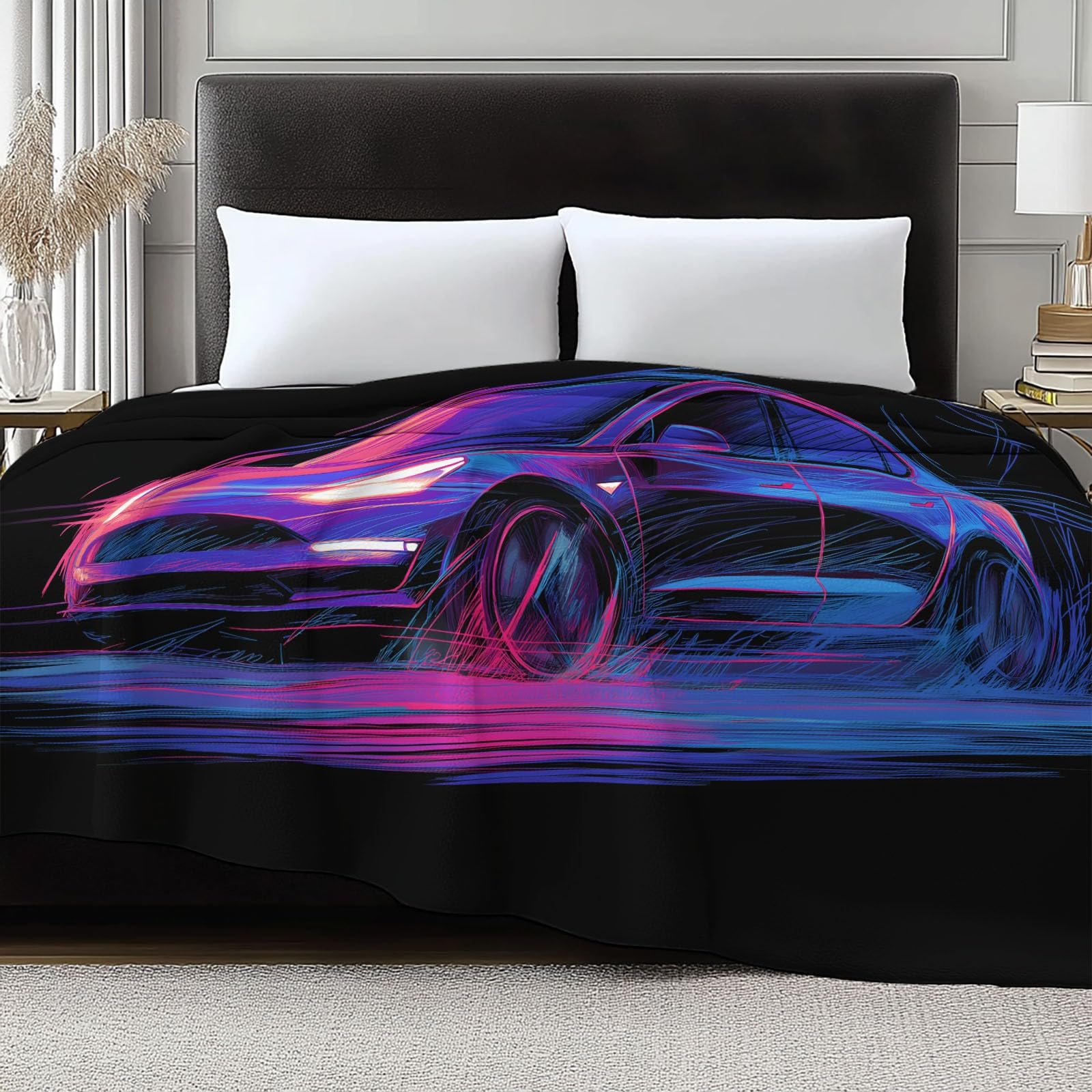 Generico Plaid Coperta Pile Nero Bambini Ragazzi Ragazze Plaid Pile Stile Fumetto Auto Elettrica Al Neon Coperte Flanella, 220 x 240 cm Letto e Divano Blanket Peluche Morbida e Calda
