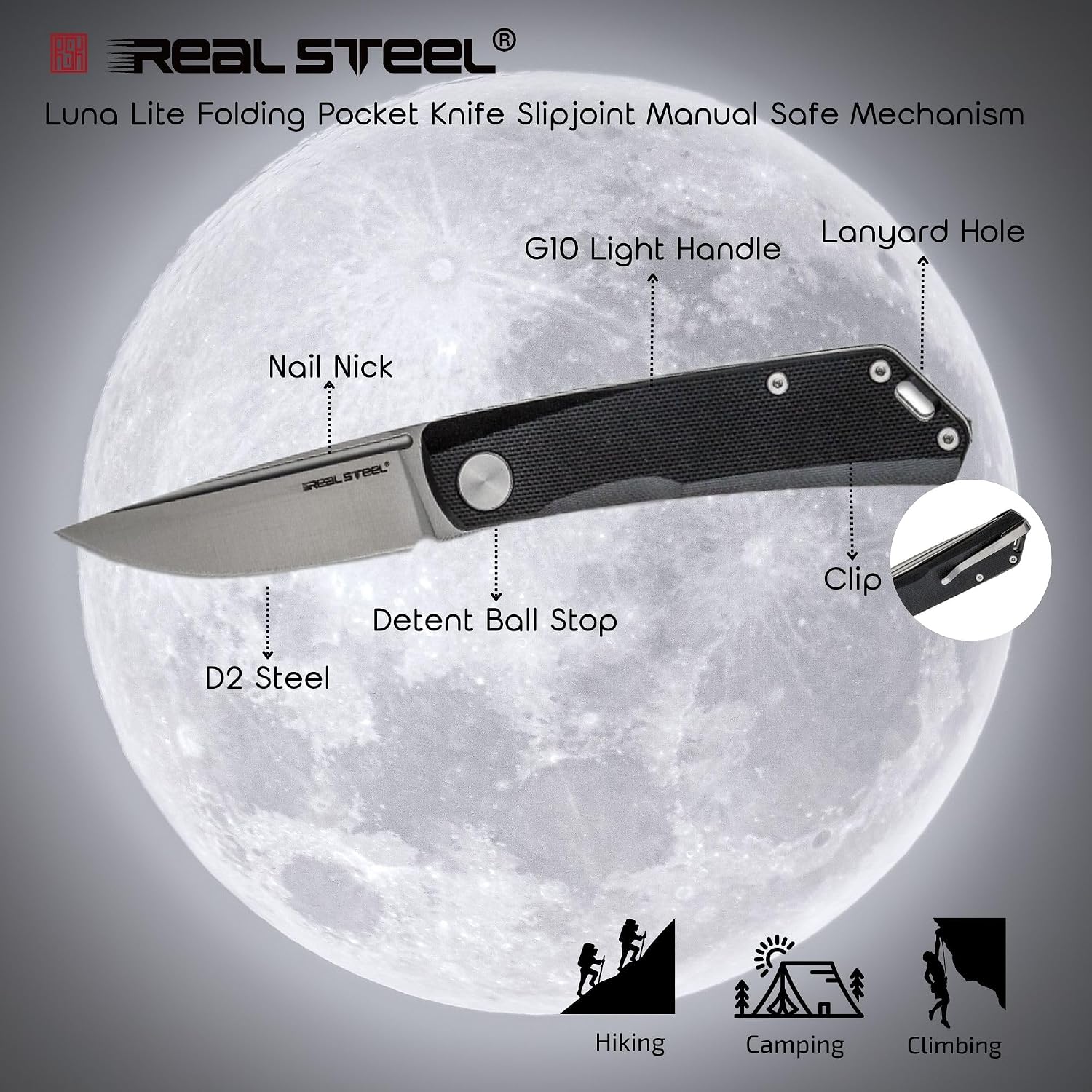 REALSTEEL Luna Lite Slipjoint Folding Pocket Knife - D2 Blade and Coyote G10 Handles - Perfect for Camping, Hiking, Daily Cutting Tasks - EDC Knife for Men Women (Satin/Black)