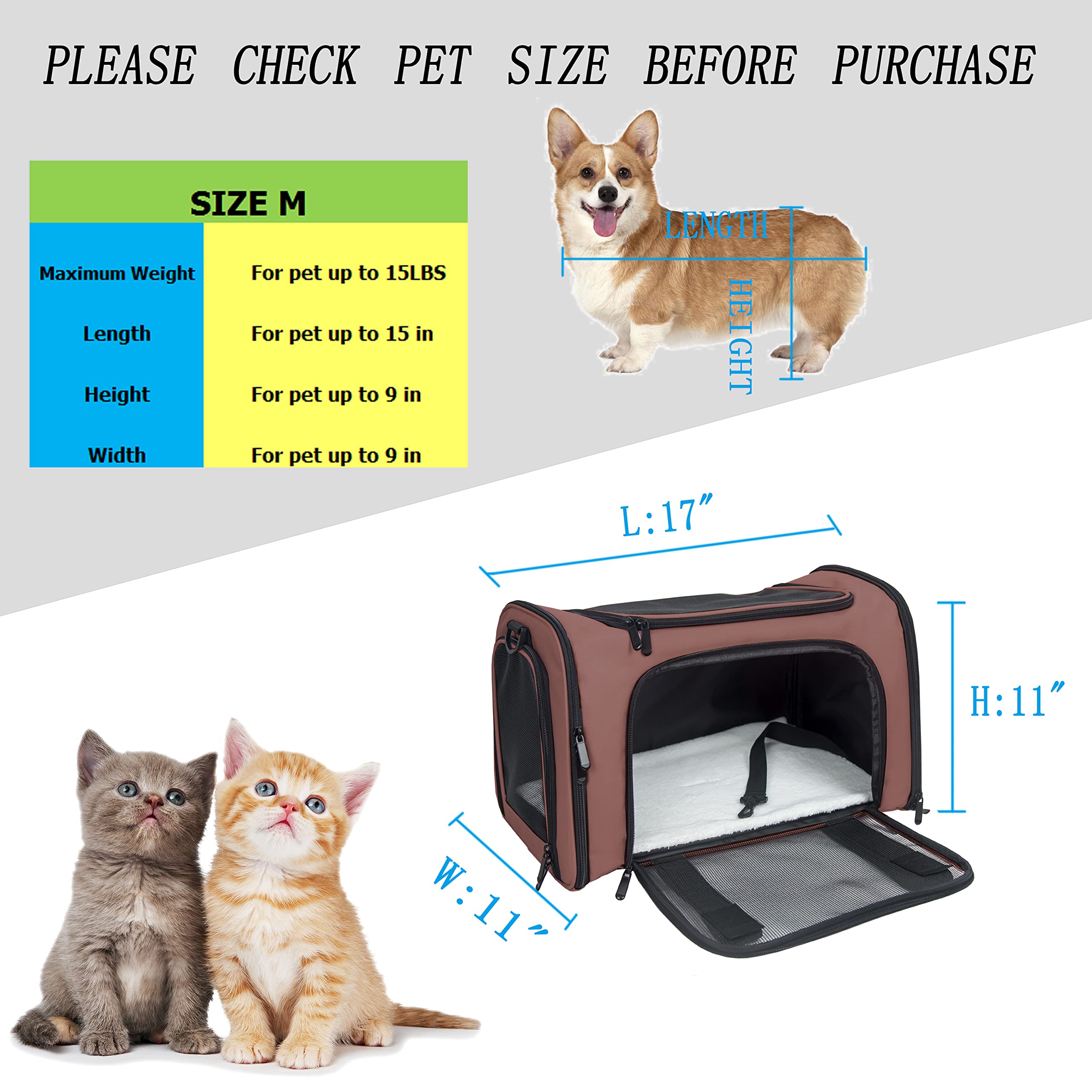 Transportador de lados suaves para gatos pequeños y medianos, aprobado por la TSA Airline, plegable, transportador de mascotas de viaje (mediano, marrón)