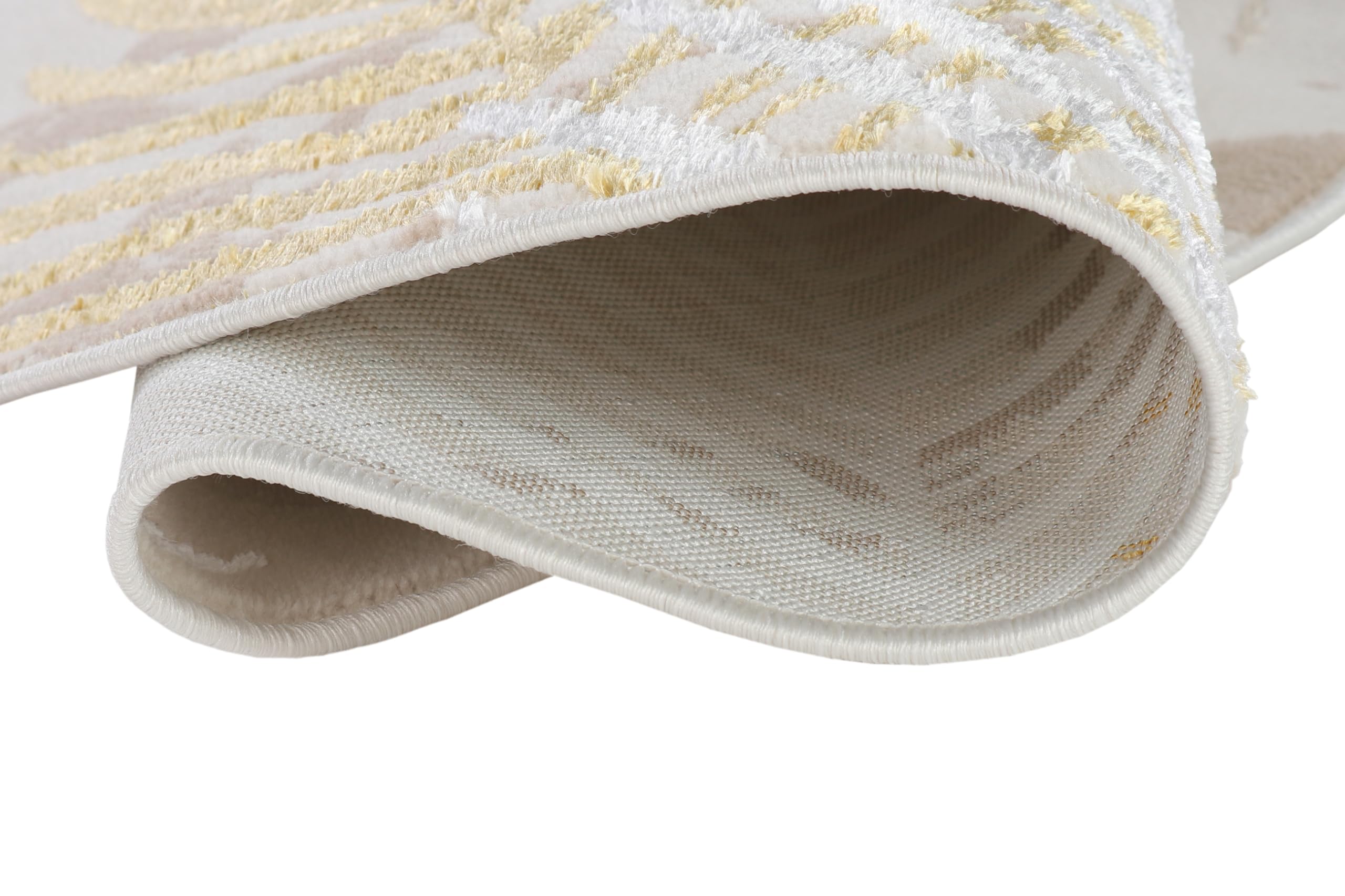 TAPISO Crystal Rund Teppich Kurzflor Glänzend Gold Weiß 120 x 120 cm | Palmenblätter Feder 3D Effekt Wohnzimmer Schlafzimmer Modern Design OEKO-TEX