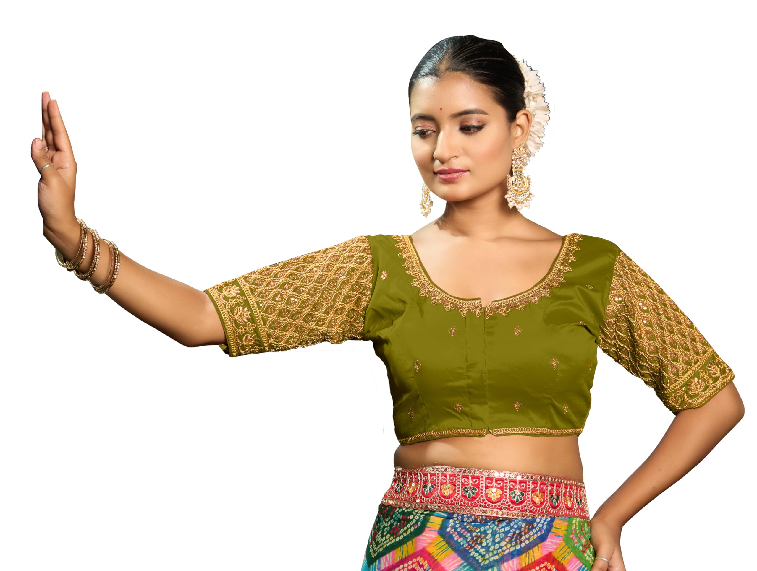 Pujia Mills Women's Indian Ethnic Wear Designer Maggam With Zari Embroidery With Sequence Work Round Neck Half Sleeve Readymade Saree Blouse Stitched Bridal Mehendi Green Color Blouse Lehenga Choli