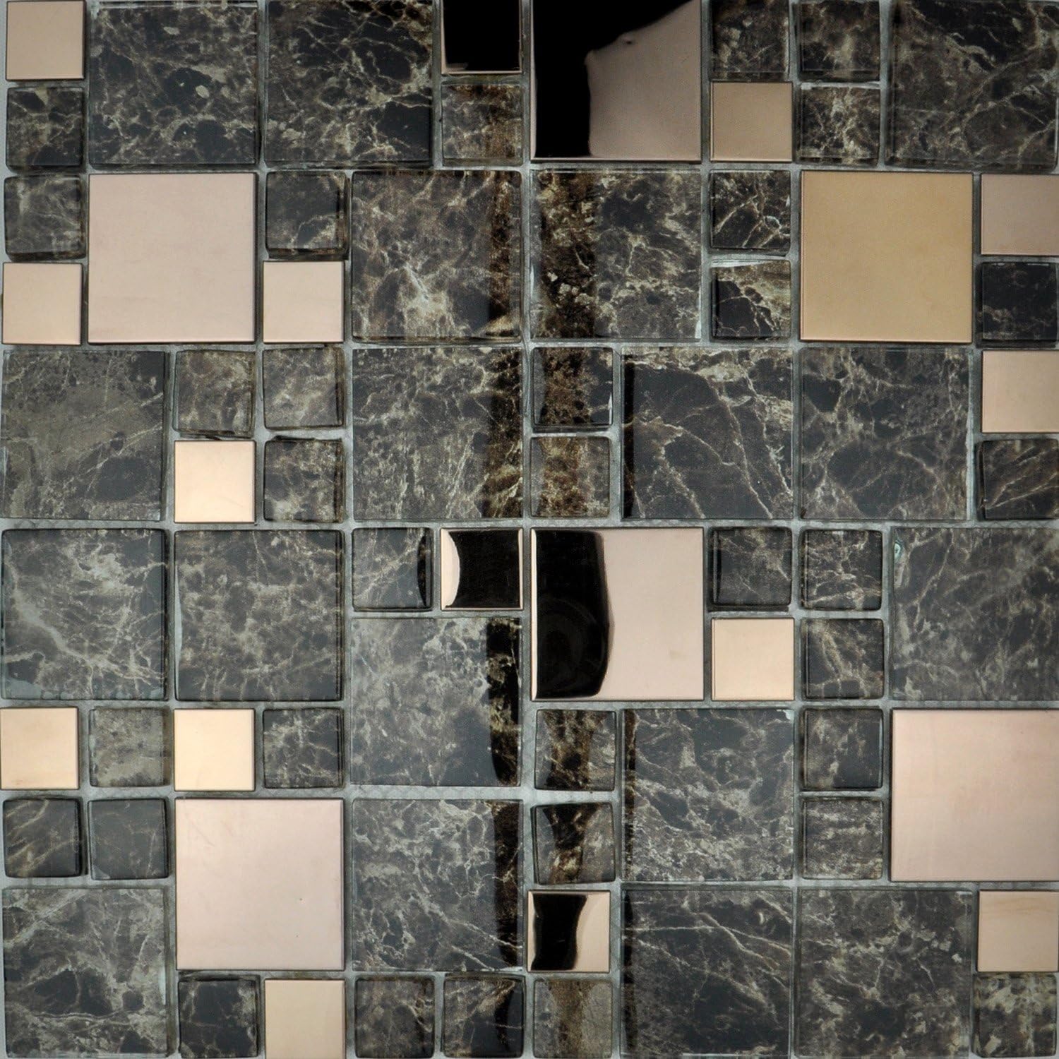 Metallic Modular Bathroom & Kitchen Mosaic Tile Copper & Emperador Marble Effect (Full Sheet 30x30cm)