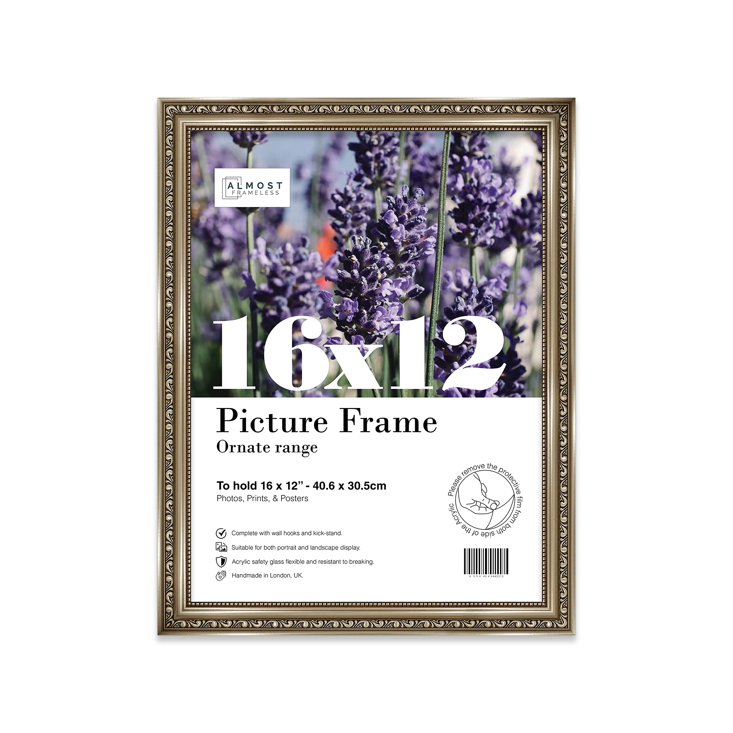 Almost Frameless 16x12 Gunmetal Ornate Picture Frame 16"x12"(40.6x30.5cm) Poster, Photo, Artwork, or Print. Antique Style Portrait and Landscape Display with Wall Hooks