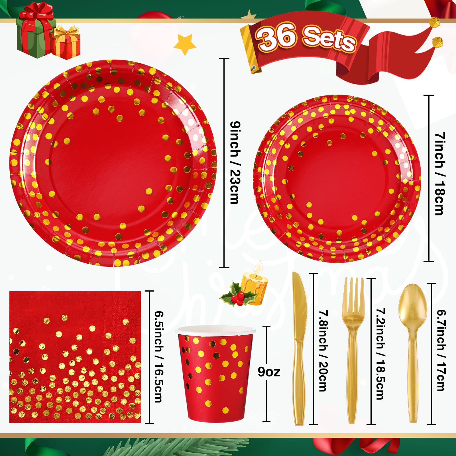 Tegeme 252 Pcs Red and Gold Party Supplies Disposable Dinnerware Set