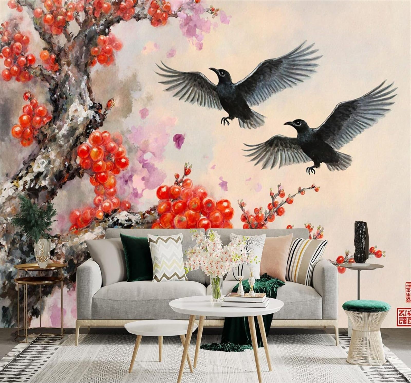 Xlming 400Cm×280Cm(B×H) Hand Drawn Black Bird Red Plum Blossoms Art Painting 3D Wallpaper Silky Texture Home Study Office Grey Dining Room Sofa Bedroom Living Room Tv Backdrop-400Cm×280Cm