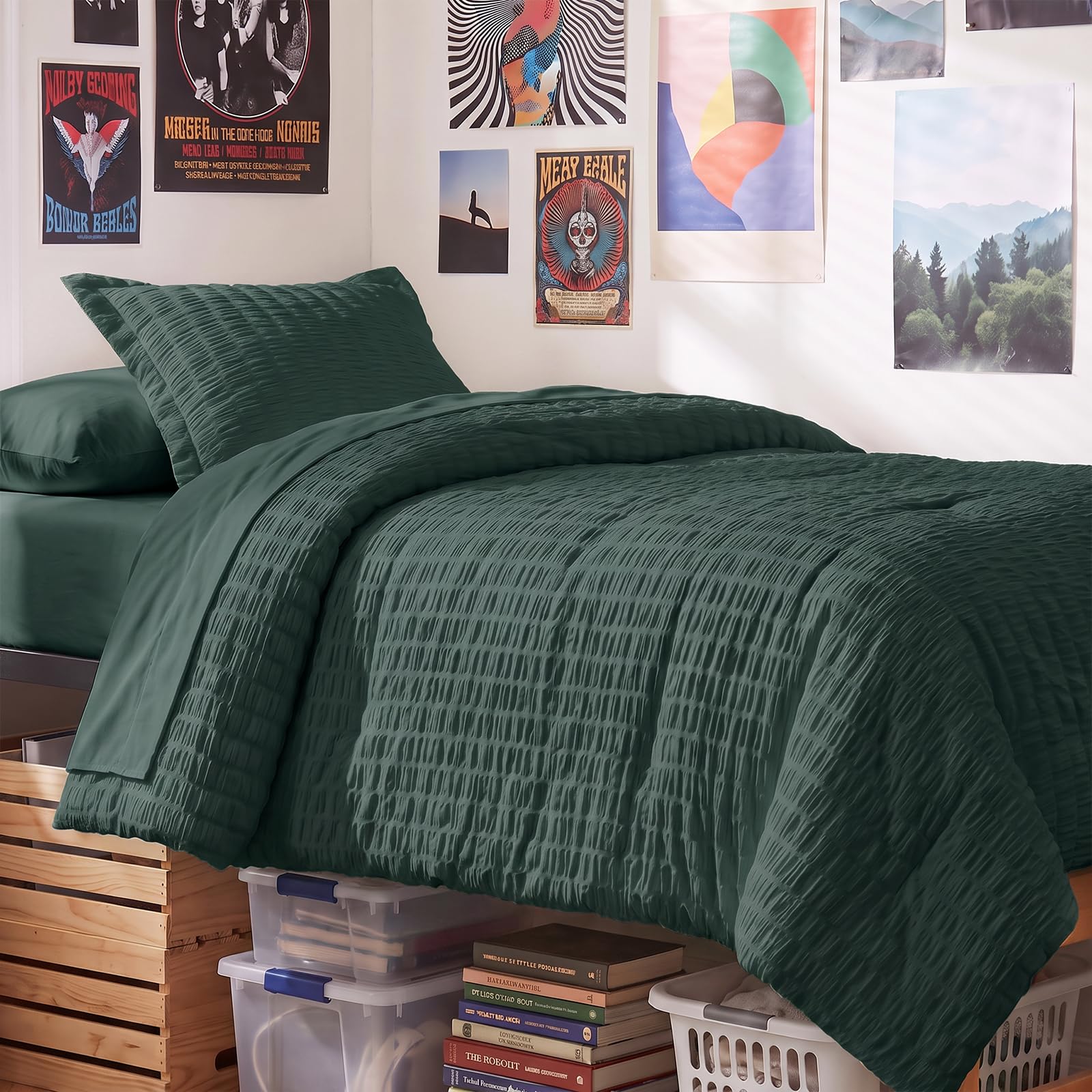 CozyLux Twin Comforter Set, 5 Pieces Forest Green Seersucker Bed in a Bag
