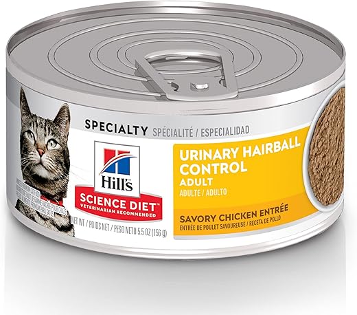 Hill's Science Diet Adult Urinary & Hairball Control Canned Cat Food, Savory Chicken Entrée, 5.5 oz, 24 Pack wet cat food