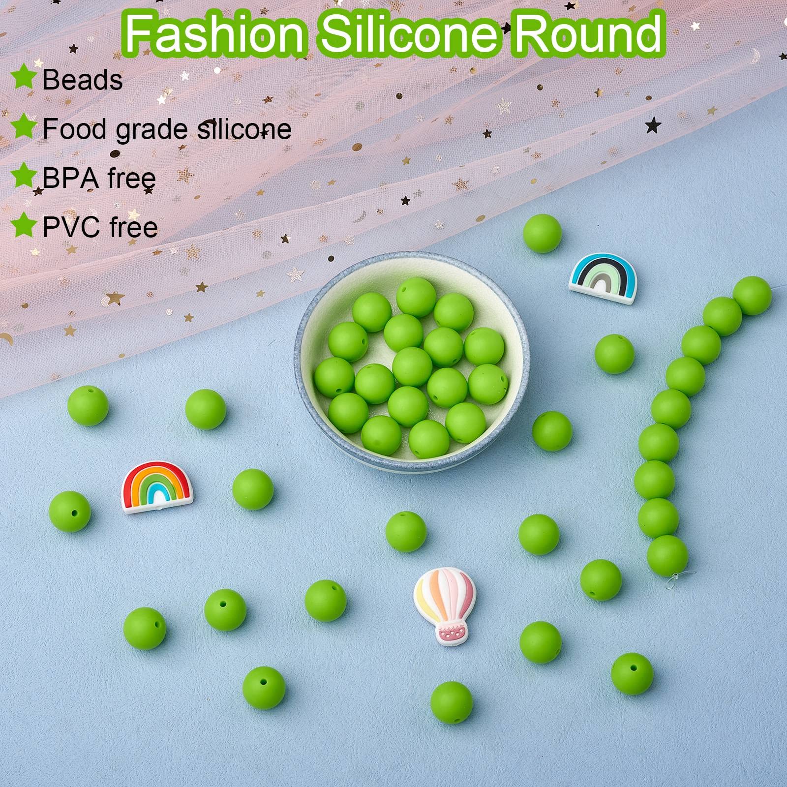 BEEFLYING 100 Pieces Silicone Beads 15mm Round Rubber Focal Bead Loose Spacer Beads for Keychain Making Pen Bracelet Necklace Jewelry DIY Craft (Yellow Green) - Image 3