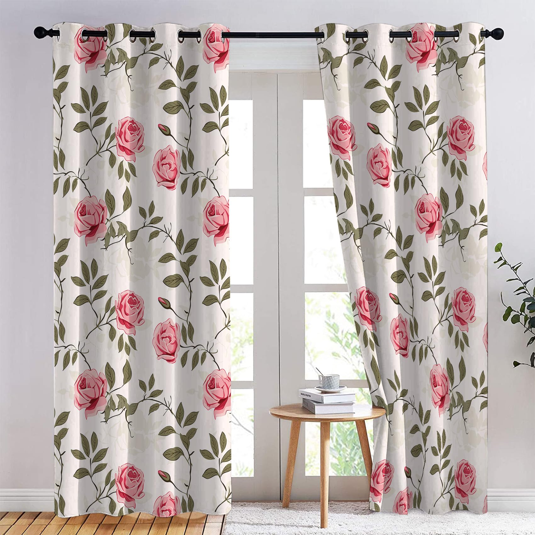 Rideau Occultant Fleurs Rose, Rideau Isolant Thermique pour Salon Chambre, Rideaux Motif Feuilles Verte, Rideau Opaque à Oeillets, Lot de 2 Rideaux et Draperies Intérieur 140x220cm LxH (Q2-&389)
