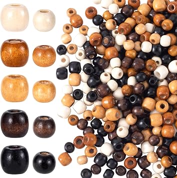 Pndeyo 200pcs Large Hole Wooden Beads for Crafts, Vintage Round Natural Wood Hair Bead, 5 Colors Loose Spacer for DIY Macrame Rosary Necklace Bracelet Hair DIY Handmade Decor- 10x13mm & 9X10mm