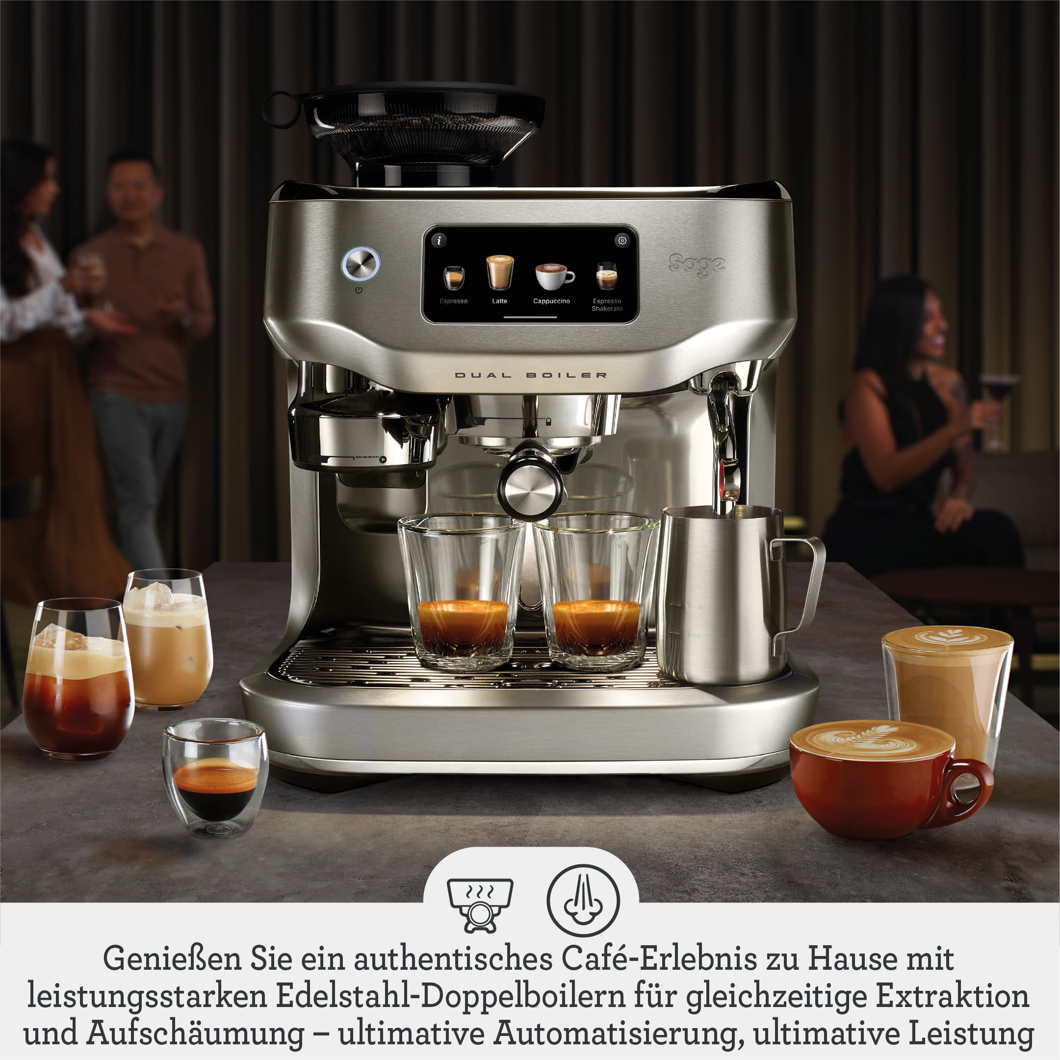 Sage The Oracle Dual Boiler Kaffeemaschine mit manuellem & automatischem Milchaufschäumer 45 Mahlgradeinstellungen 16 Programme Espresso Cappuccino Flat White Schwarz