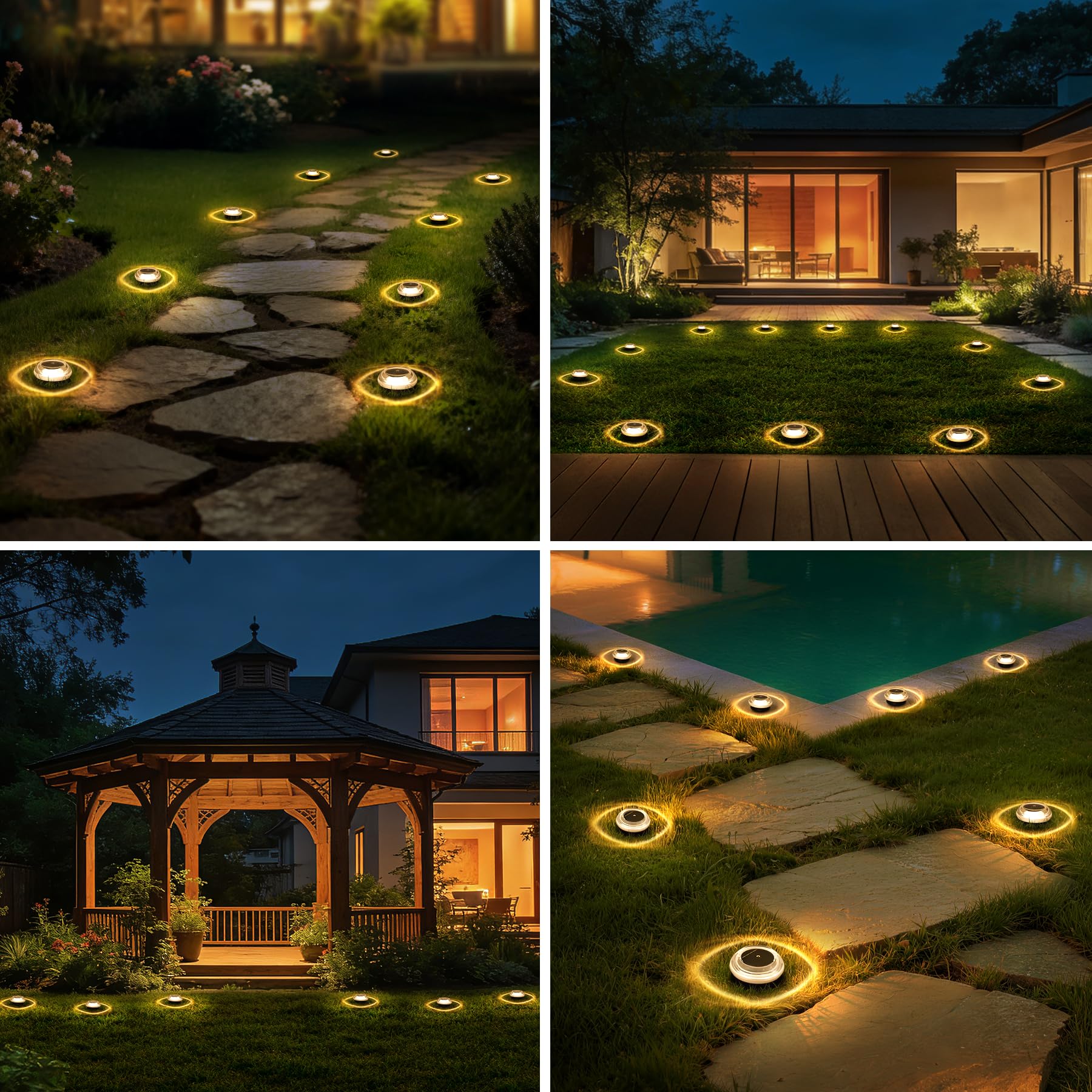 Lot de 12 Lampe Solaire Au Sol, IP65 Waterproof Jardin Eclairage Exterieur Solaire, Lumière Solaire Extérieure Ombre-Lumière, Spot Solaire Extérieur pour Chemins Pelouse Terrasse Piscine,Blanc Chaud