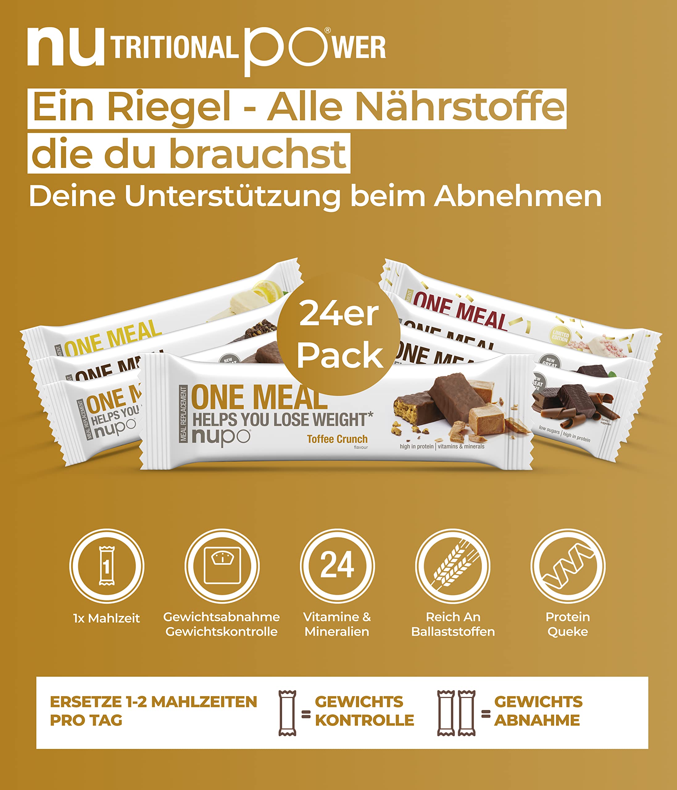 NUPO® One Meal Bar [Toffee Crunch - 24 Stk.] - Mit Nährstoffen, Vitamine & Mineralien - Diät Riegel Snack zum abnehmen - Fitness low carb Riegel - Mahlzeitenersatz Riegel - Diet Riegel - Energieriegel