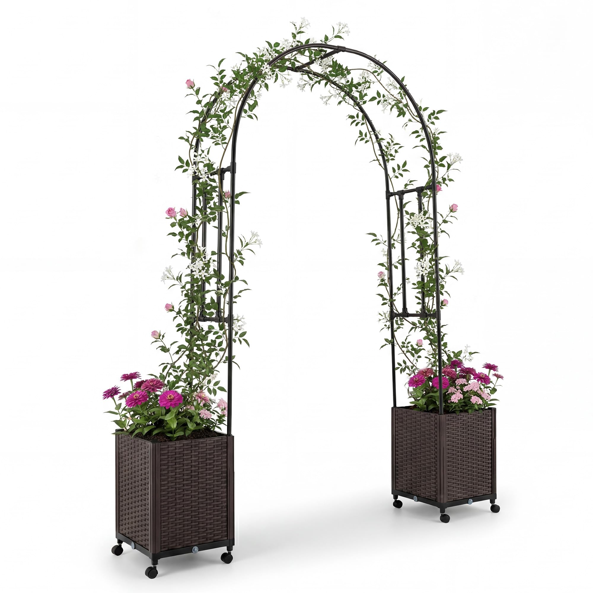 GOPLUS Arche de Jardin avec 2 Jardinères Surélevées, Roues Verrouillables, Arche Rosier avec Treillis Arqué, Auto-Arrosage pour Plantes Grimpantes, Fleurs, Herbes, Légumes, Fruits (203x40x232CM)