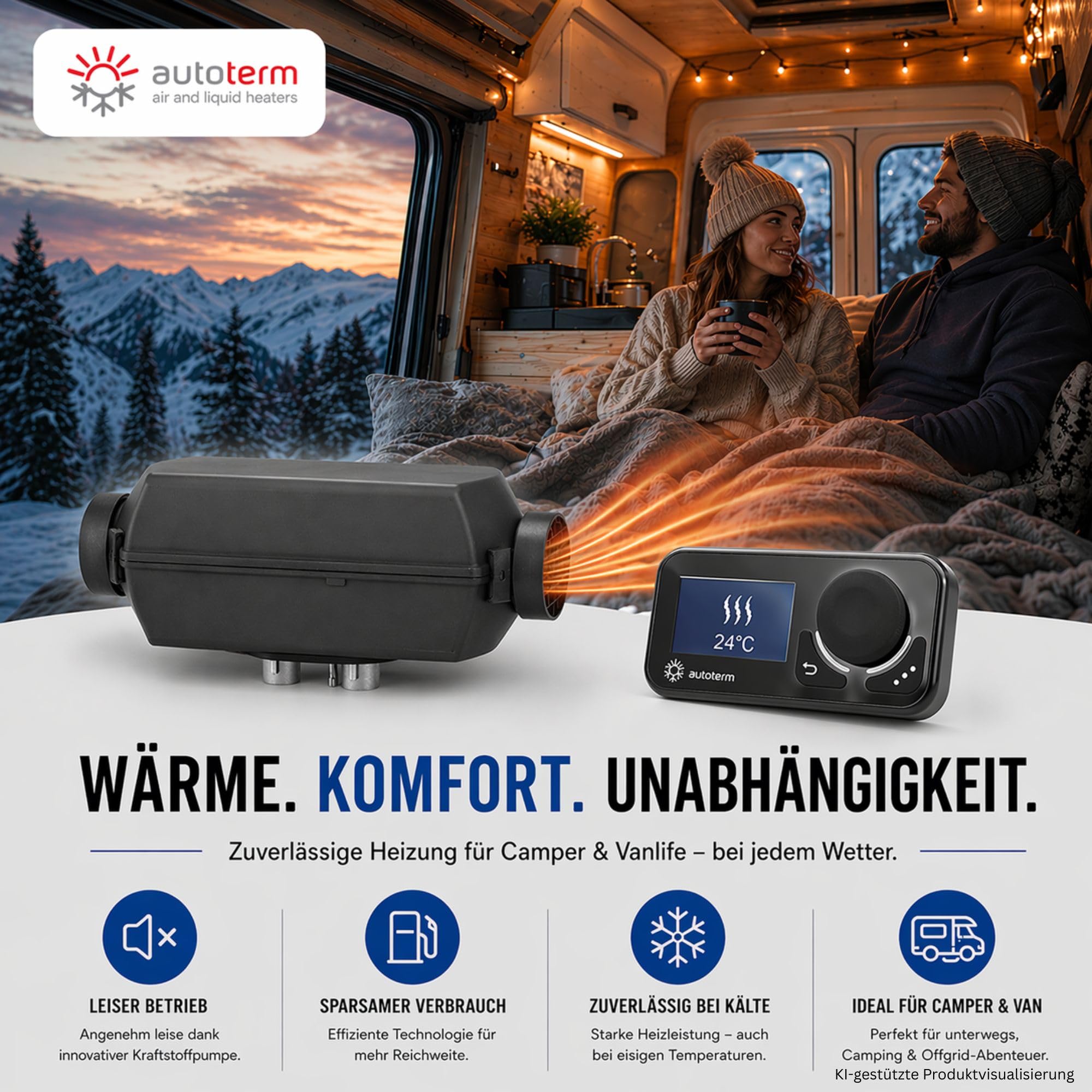 Autoterm Air 2D 12V 2kW Diesel Standheizung – Komplettset inkl. Comfort Control Bedienpanel, Einbausatz & Pundmann Einbauflansch – für Camper, Van & Wohnmobil (Pundmann Flansch 40 mm)