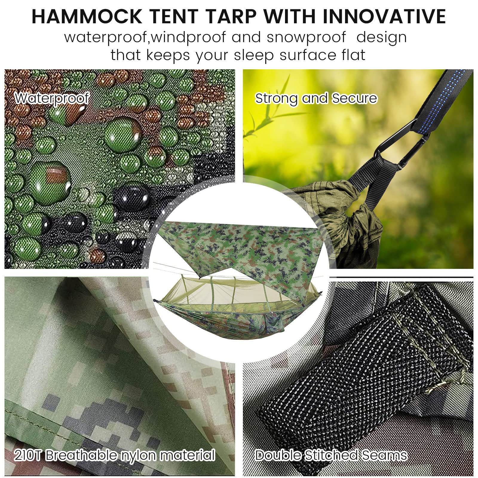 TOPCHANCES Hamac de Camping ultraléger Portable en Nylon avec moustiquaire, Sangles d'arbre et bâche de Pluie pour hamac en Plein air