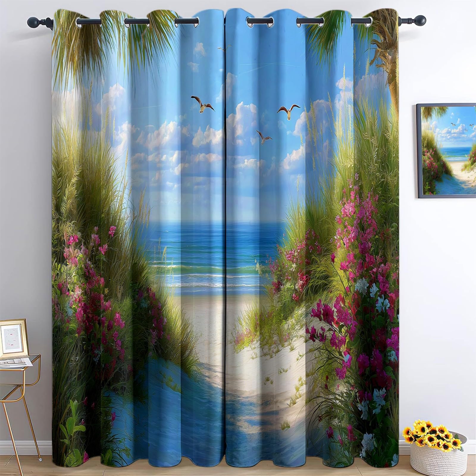 Genérico Zasłony 110 x 215 cm z przelotką 2 panele Anime plaża ptaki wydmy piaskowe zasłony zaciemniające zasłony okienne draperie dzieci chłopiec dziewczyna sypialnia i salon zasłony ciepłe