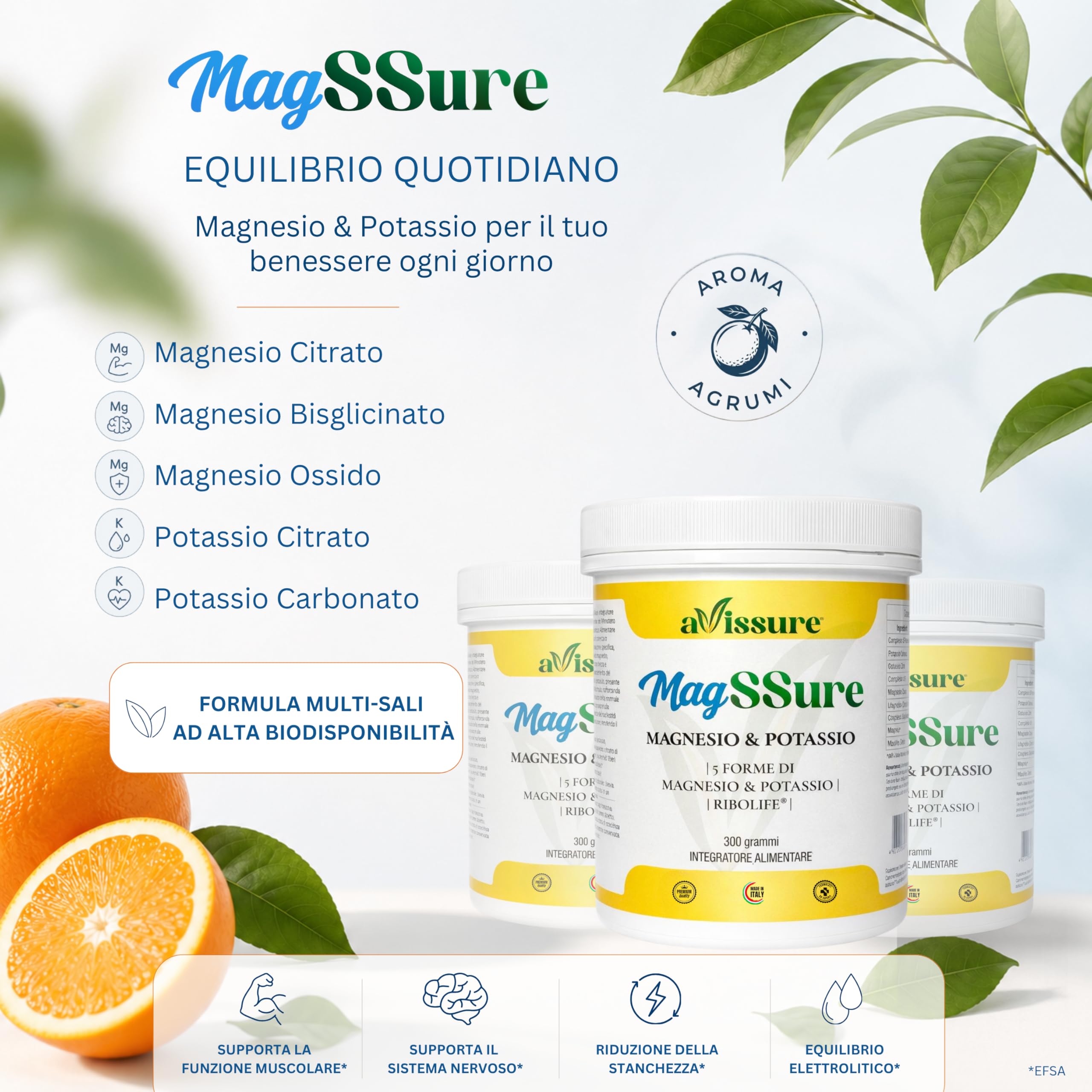 Magnesio e Potassio avissure MagSSure, Integratore Magnesio Complesso con 3 Sali Magnesio, Potassio Citrato e Carbonato 3:2, con Ribolife, Funzione Muscolare e Nervosa, Senza Lattosio, Glutine e OGM