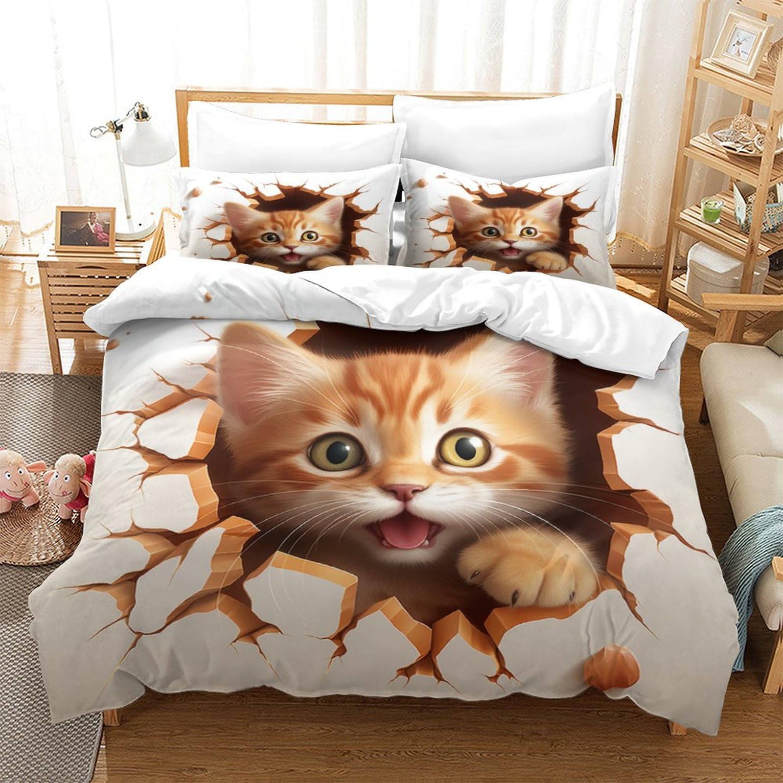 Housses de couettes 3 pièces chaton imprimé 3D microfibre super douce 260x220cm super king
