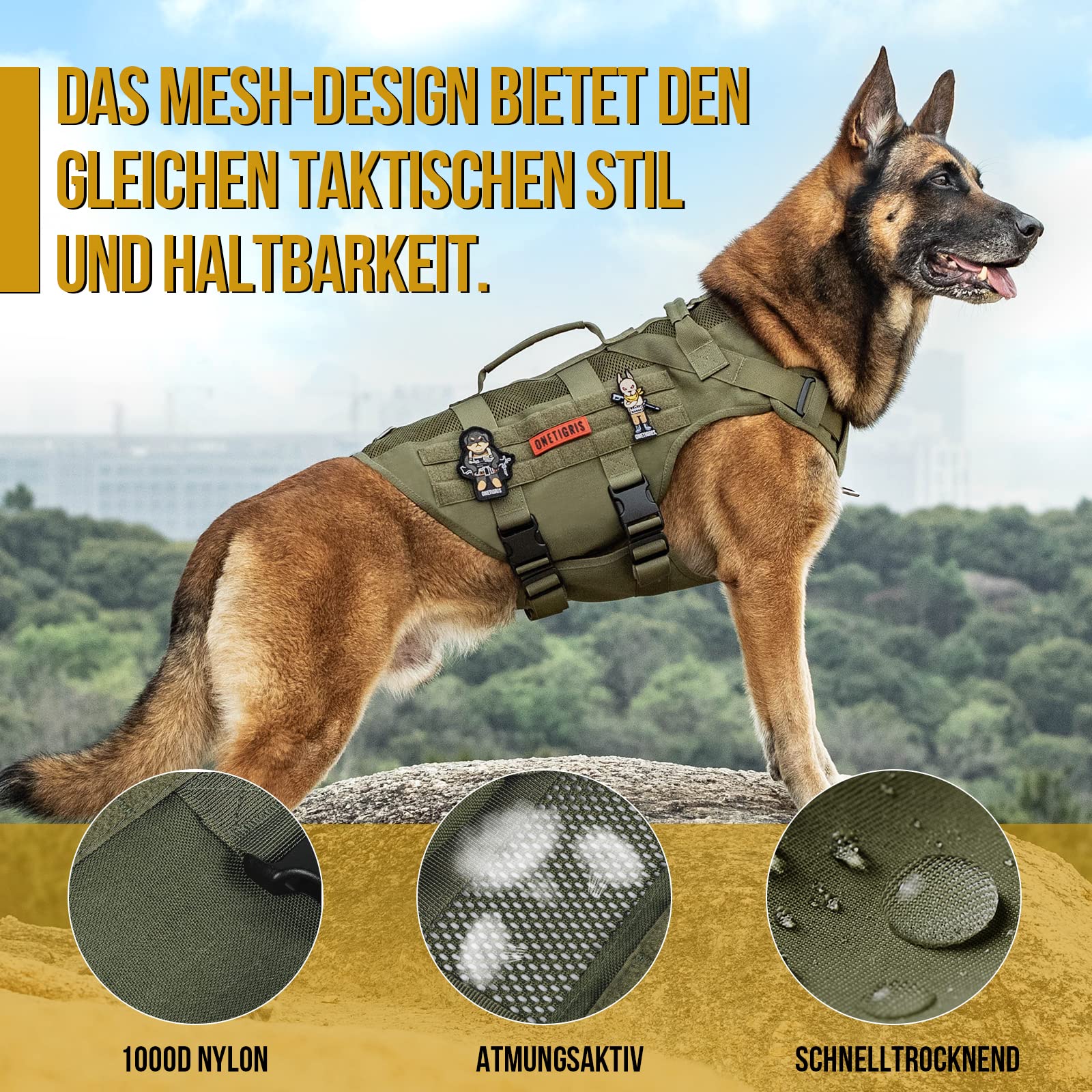 OneTigris Imbracatura No-Pull per Cani, AIRE MESH, Regolabile, Ultra Traspirante, per Grandi e Medie Dimensioni, Pettorina Con 2 Manici