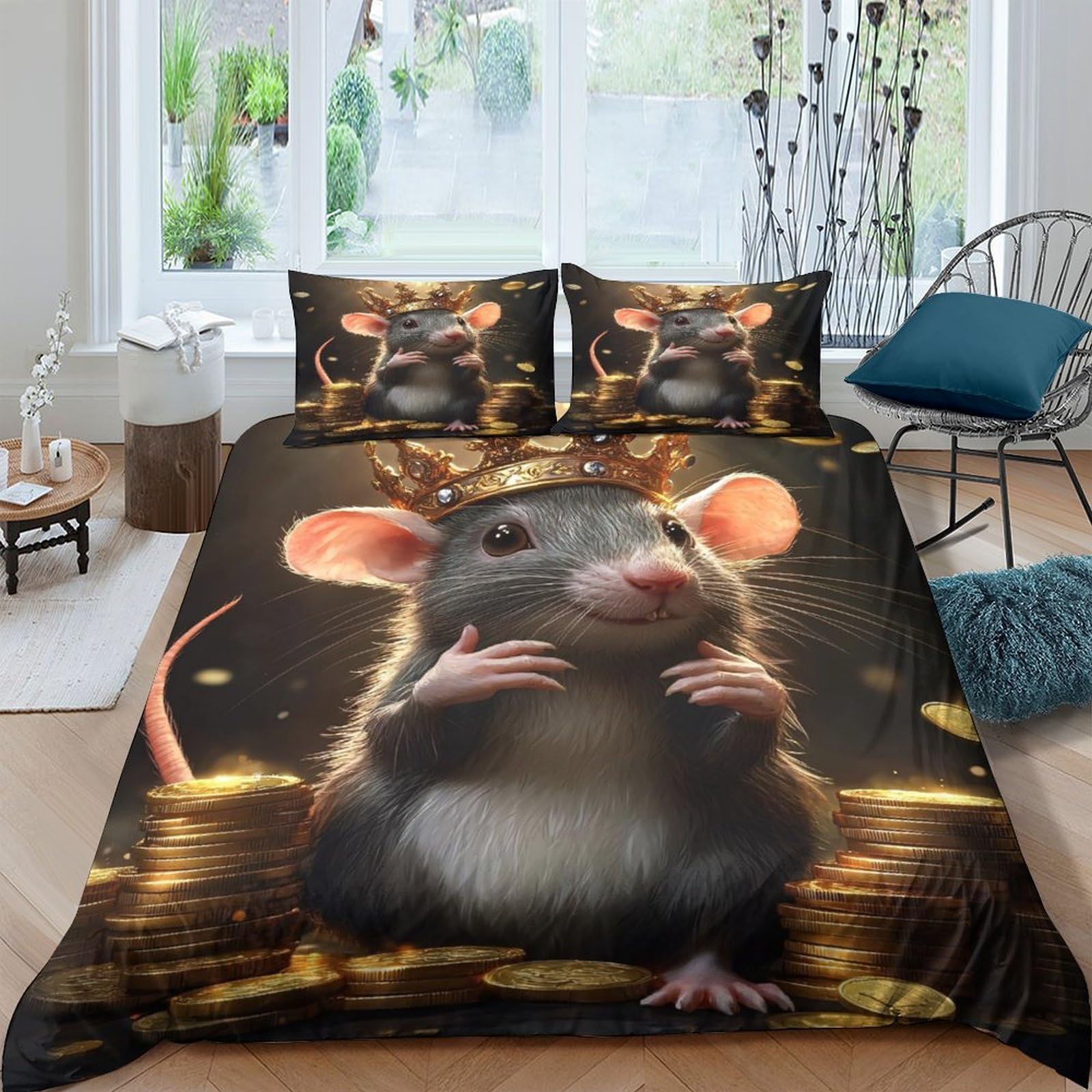 3D Printed Cute Rat Duvet Cover Microfiber Soft Breathable Animal Art Bedding Set with 2 Pillowcases for Bedroom Decor Single（135x200cm）